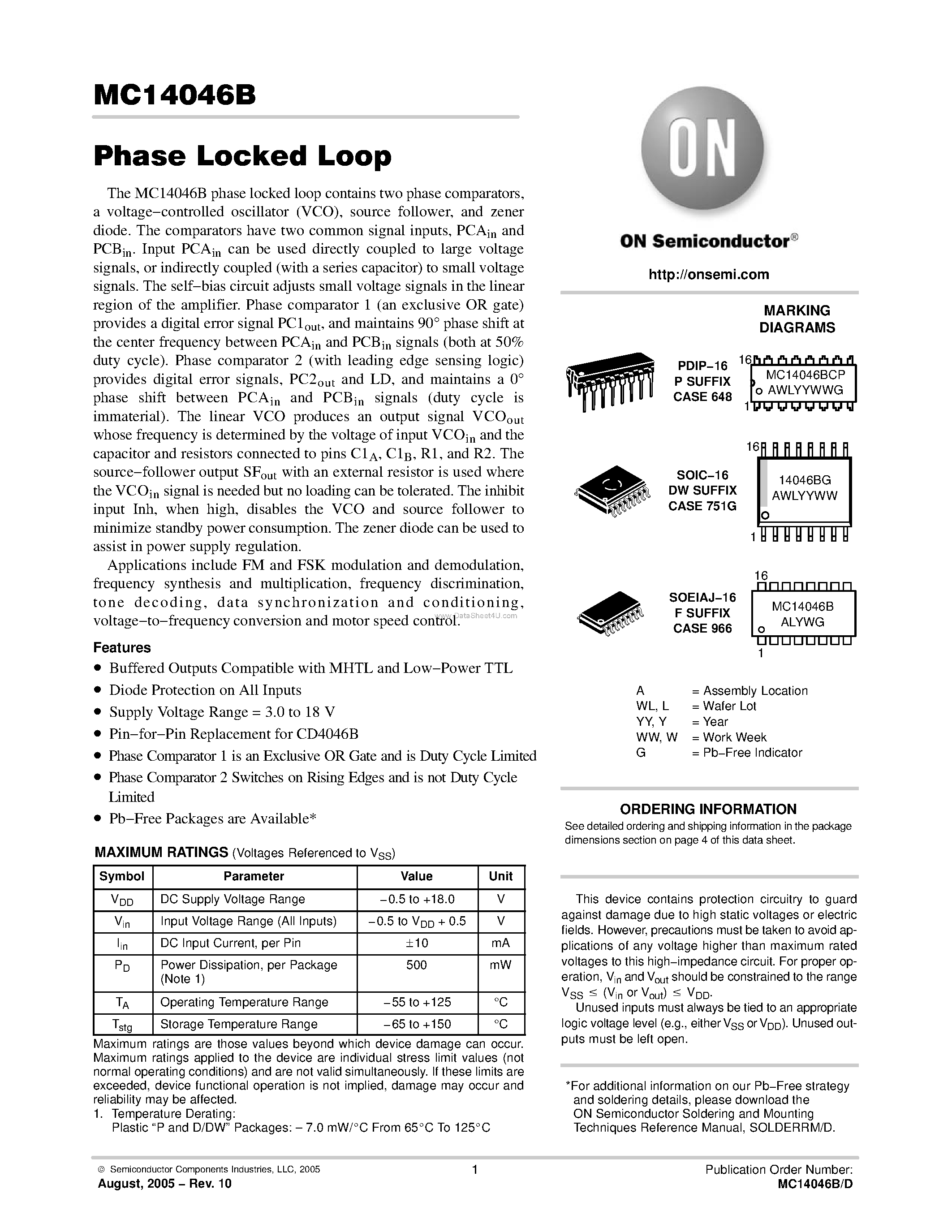 Даташит MC14046B - Phase Locked Loop страница 1