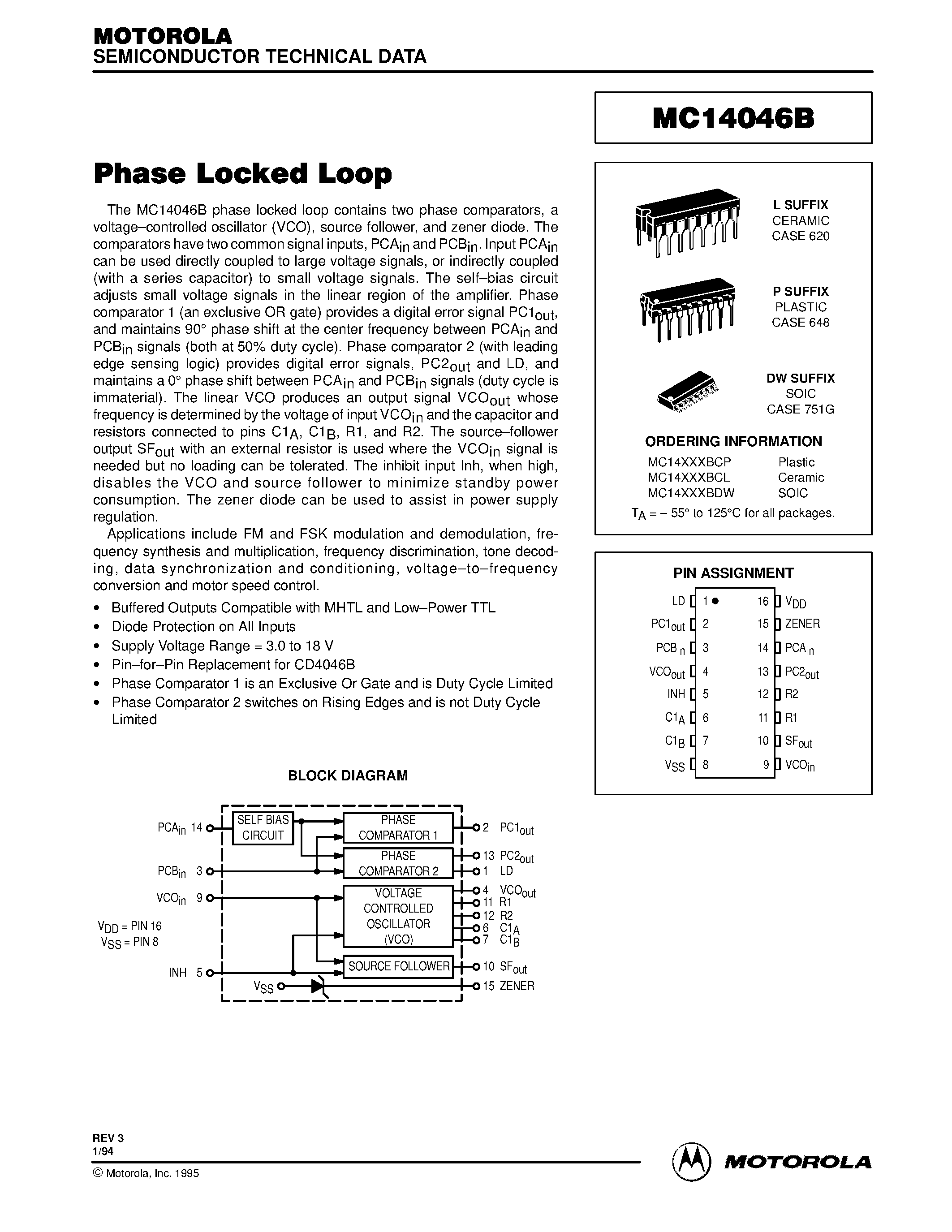 Даташит MC14046BCL - Phase Locked Loop страница 1