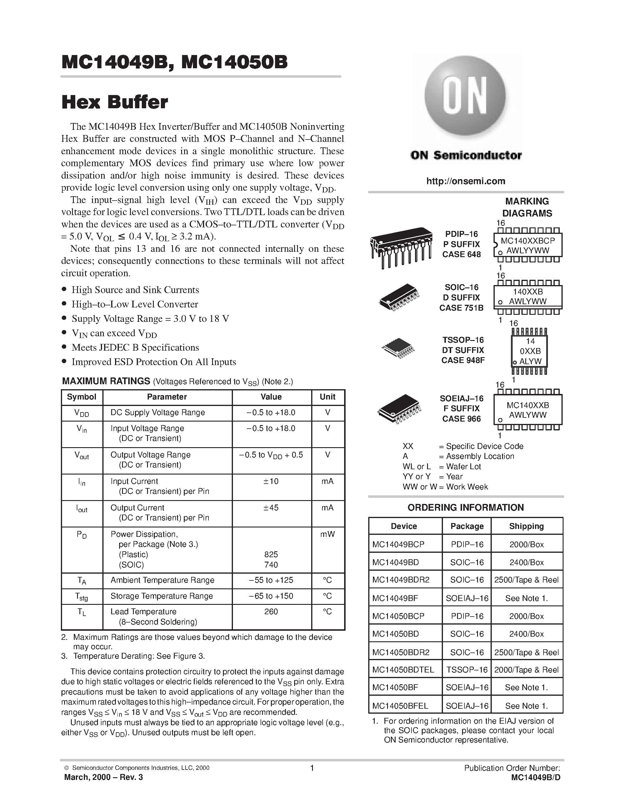 Даташит MC14049 - Hex Buffer страница 1