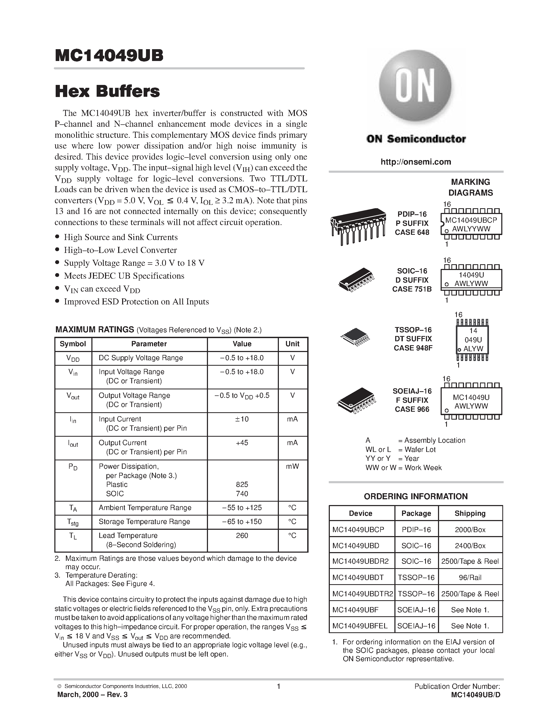 Даташит MC14049UB - Hex Buffers страница 1