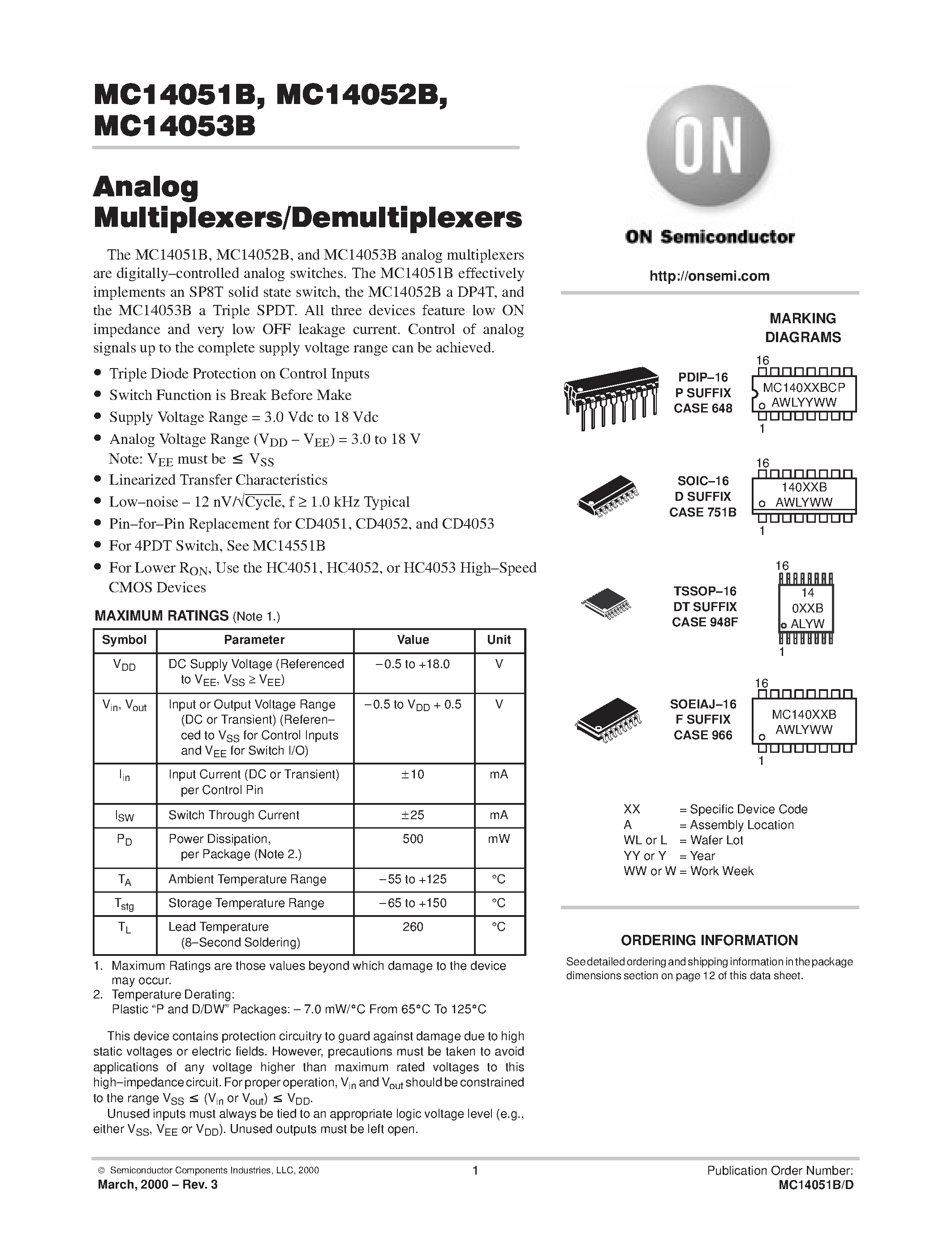 Даташит MC14051 - Analog Multiplexers/Demultiplexers страница 1