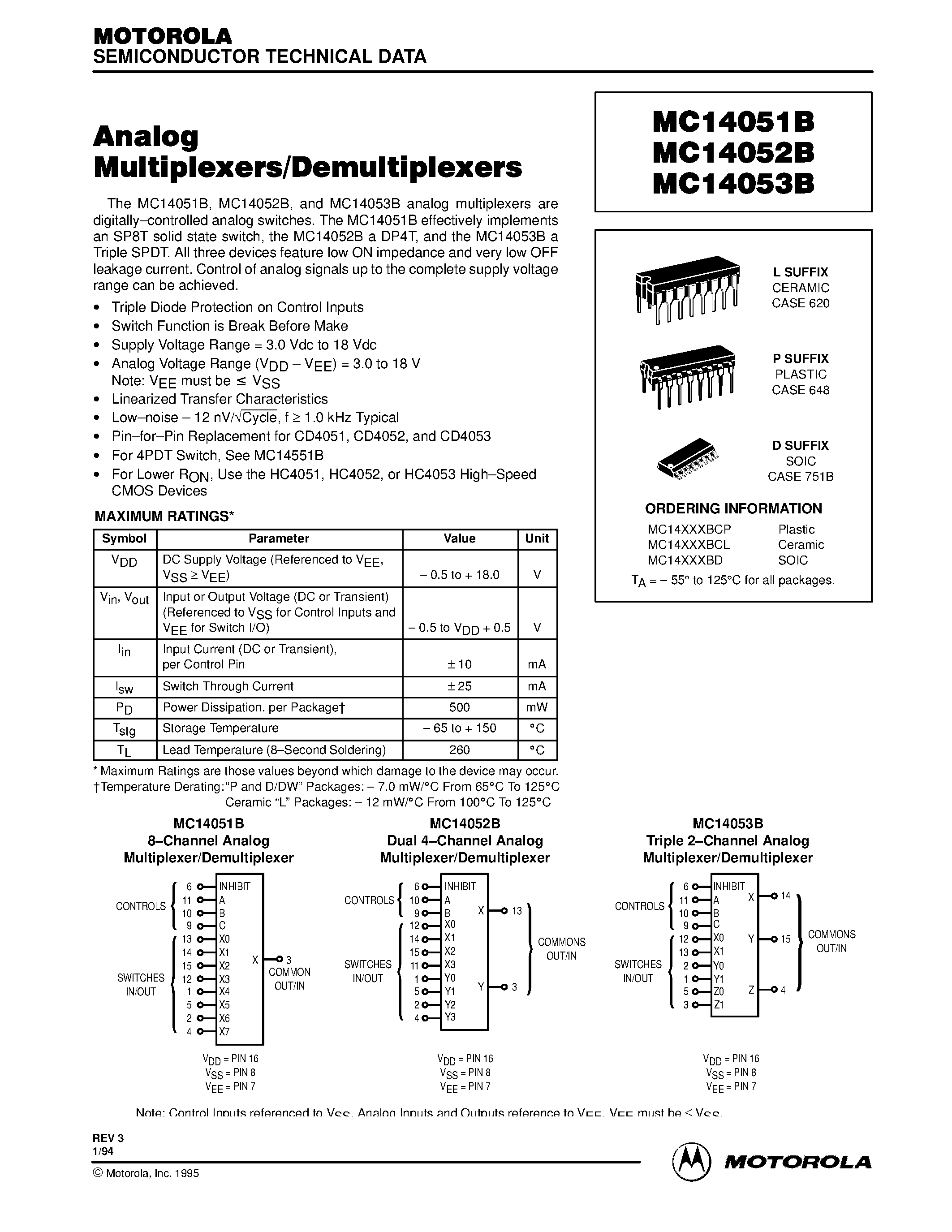 Даташит MC14051 - Analog Multiplexers / Demultiplexers страница 1