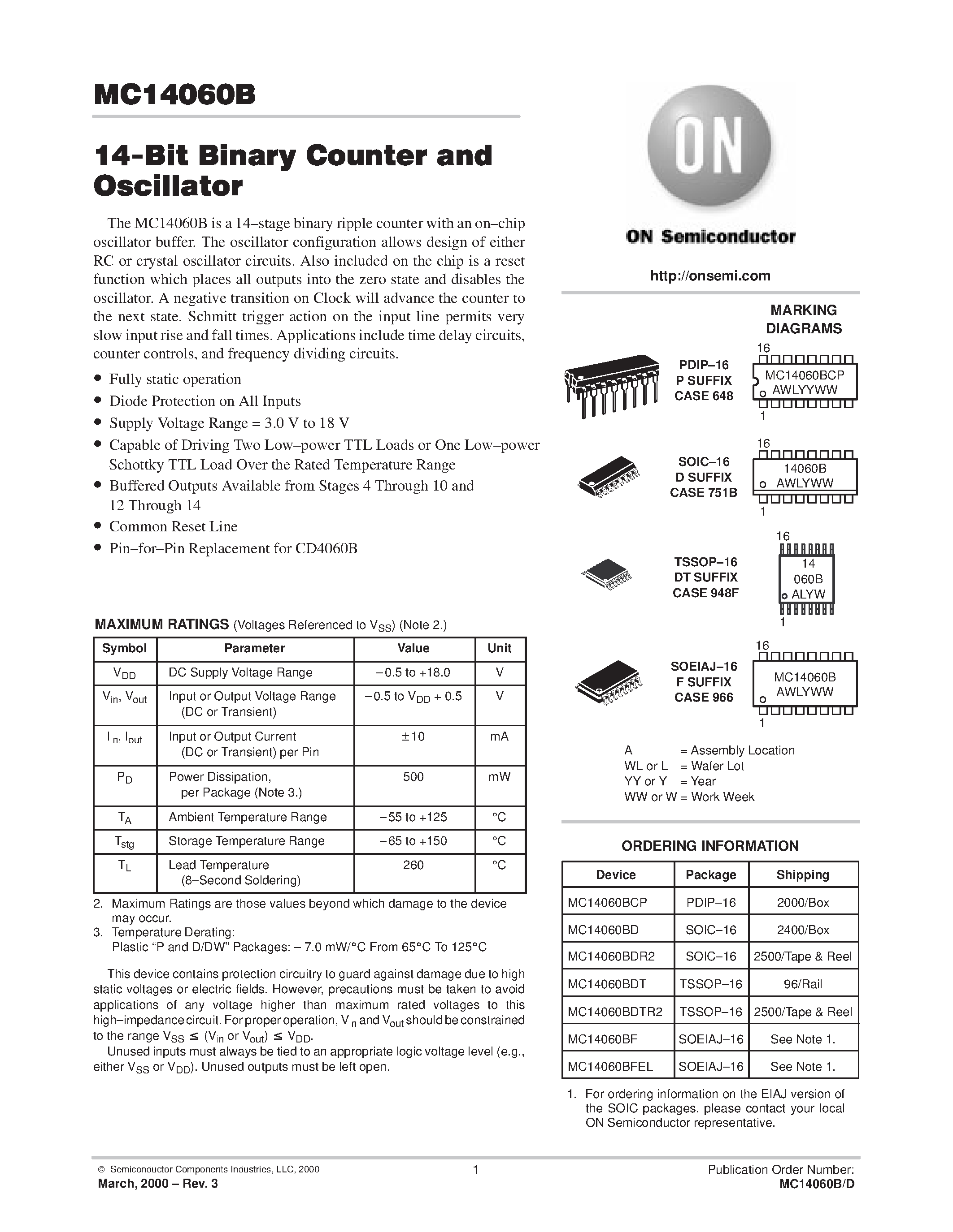 Даташит MC14060 - 14-Bit Binary Counter and Oscillator страница 1