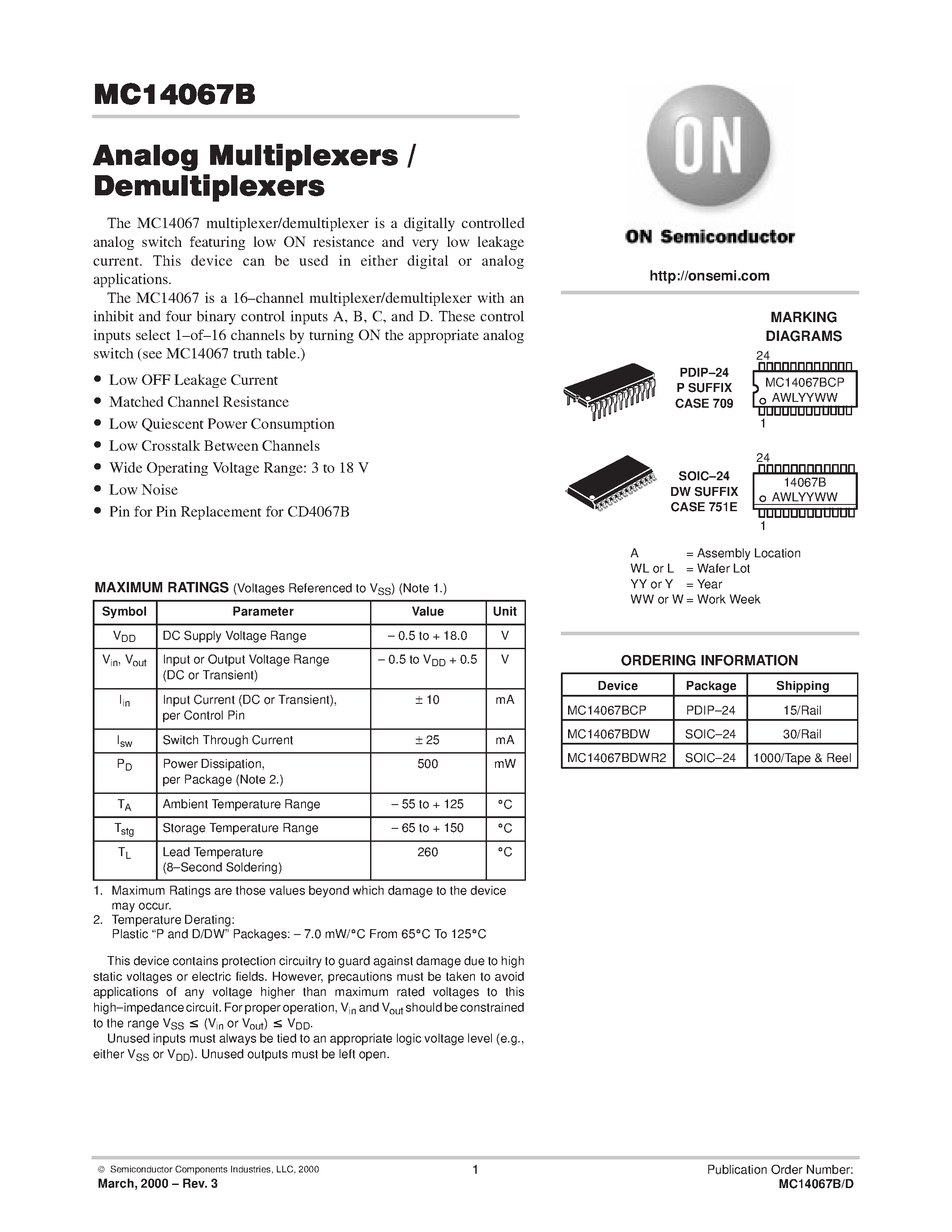 Даташит MC14067B - Analog Multiplexers/Demultiplexers страница 1