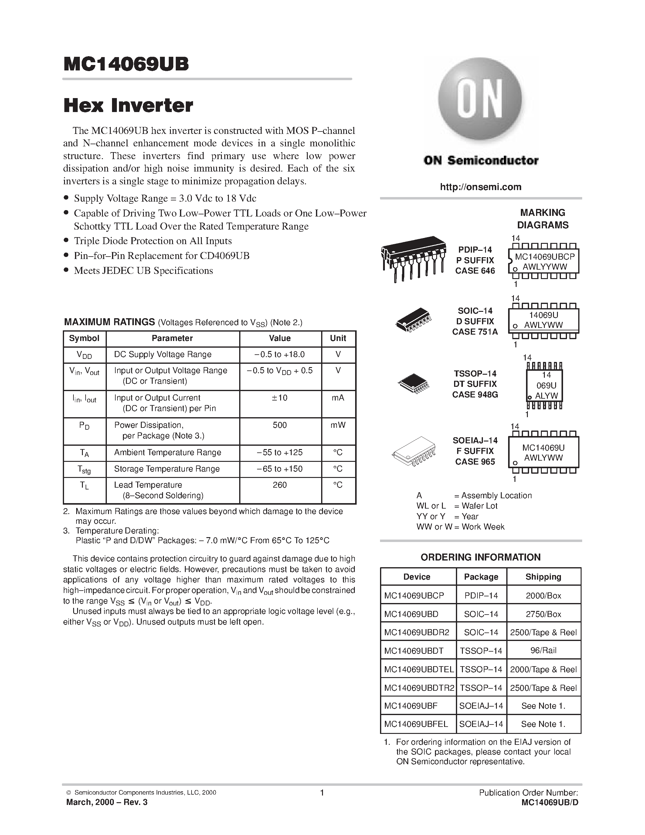 Даташит MC14069UB - Hex Inverter страница 1