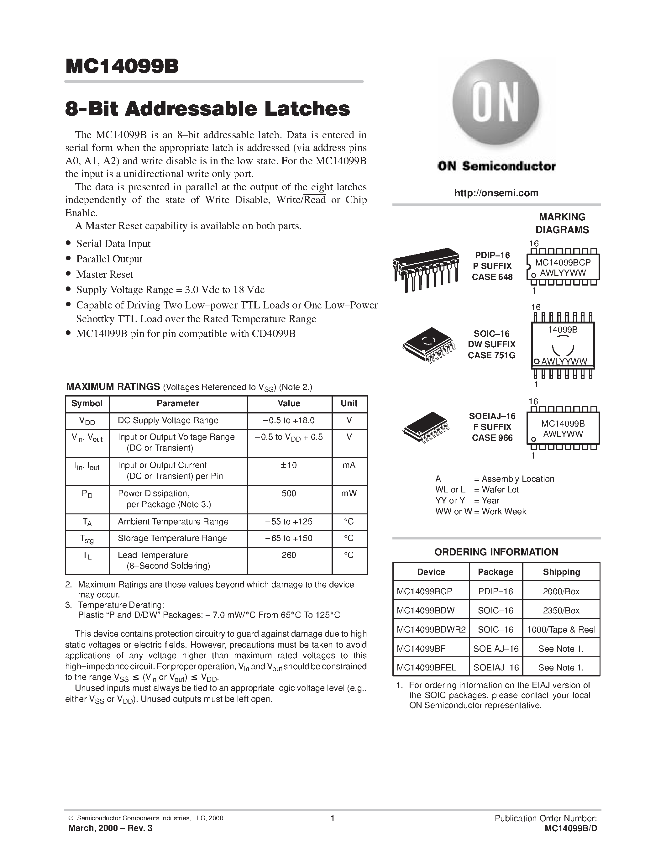 Даташит MC14099B - 8-Bit Addressable Latches страница 1