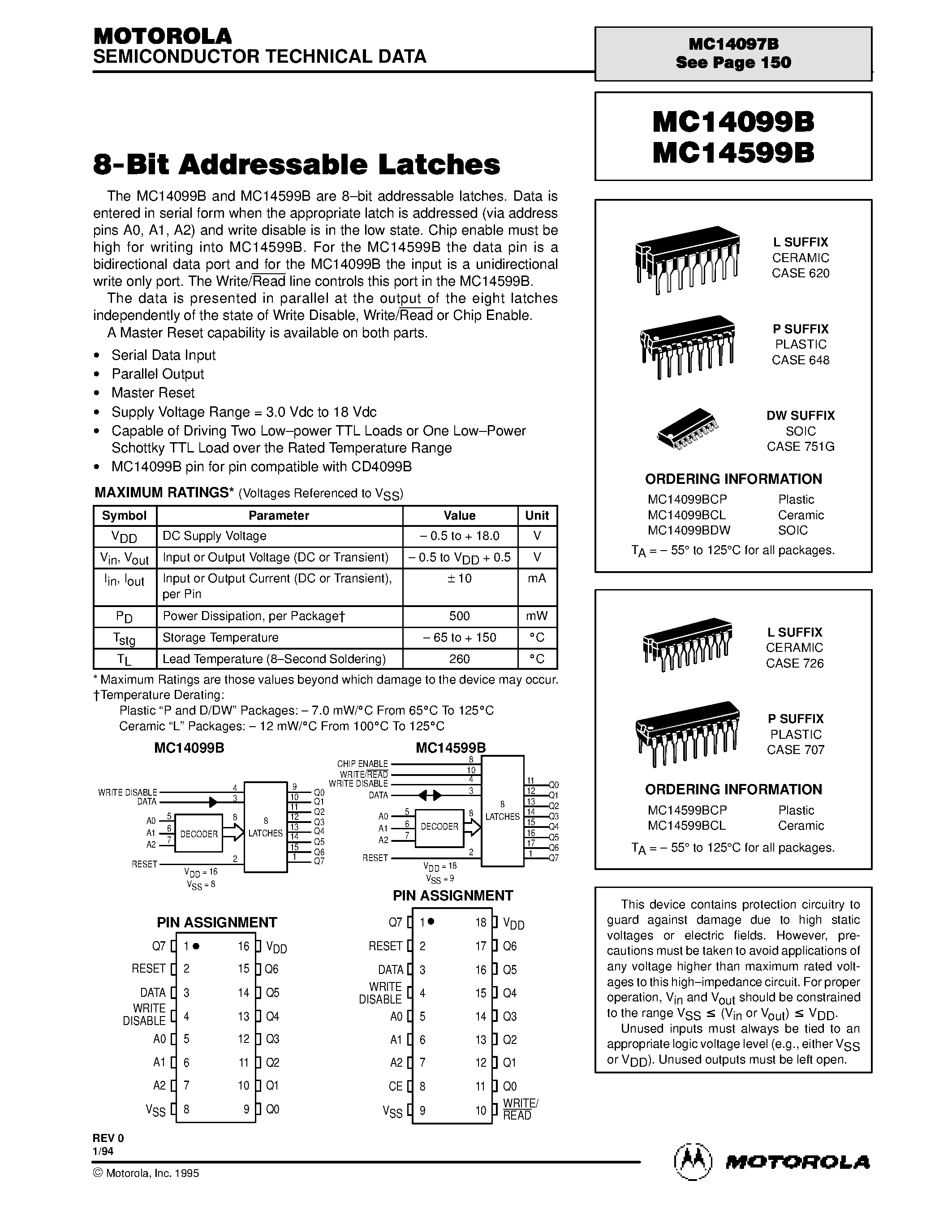 Даташит MC14099BCL - 8-Bit Addressable Latches страница 1