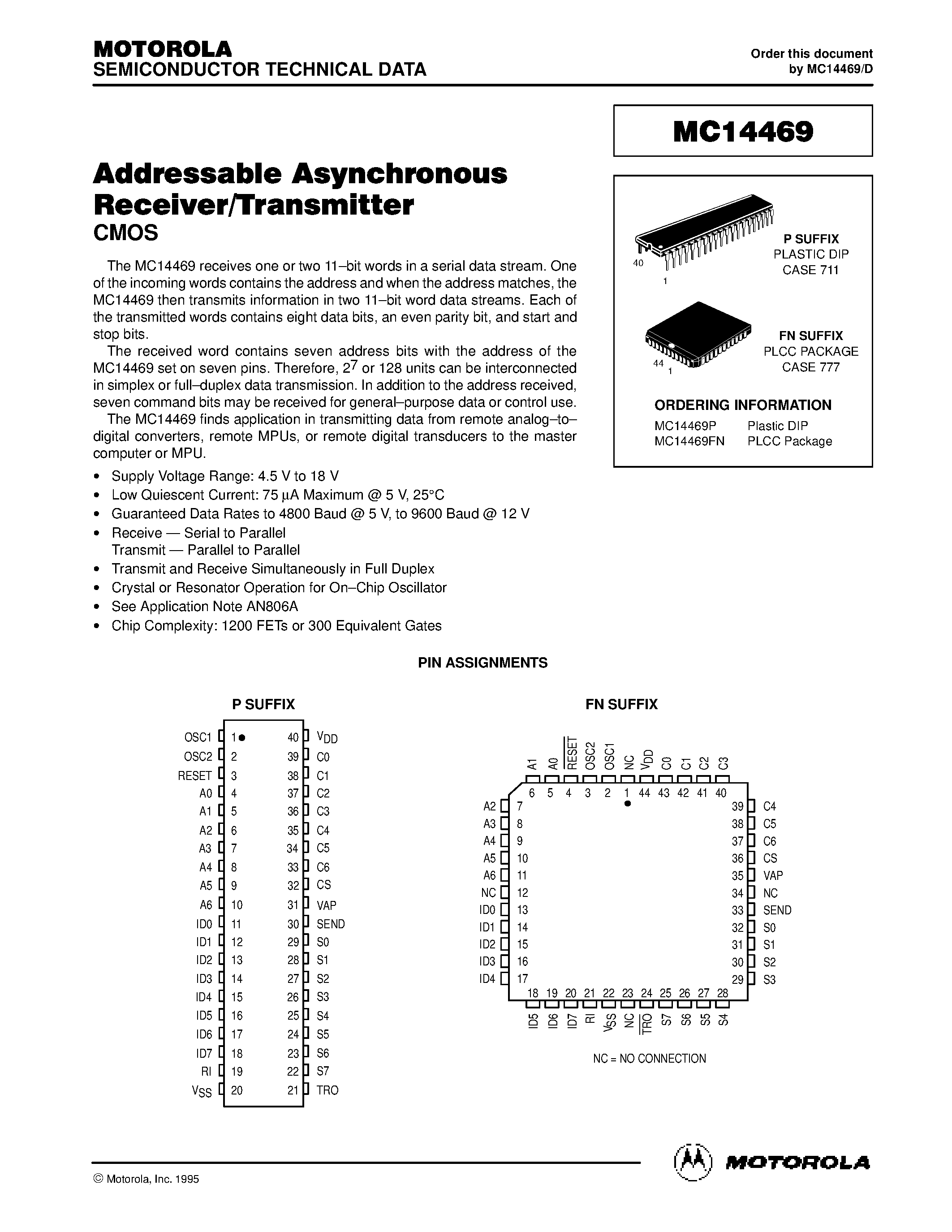 Даташит MC14469FN - Addressable Asynchronous Receiver/Transmitter страница 1