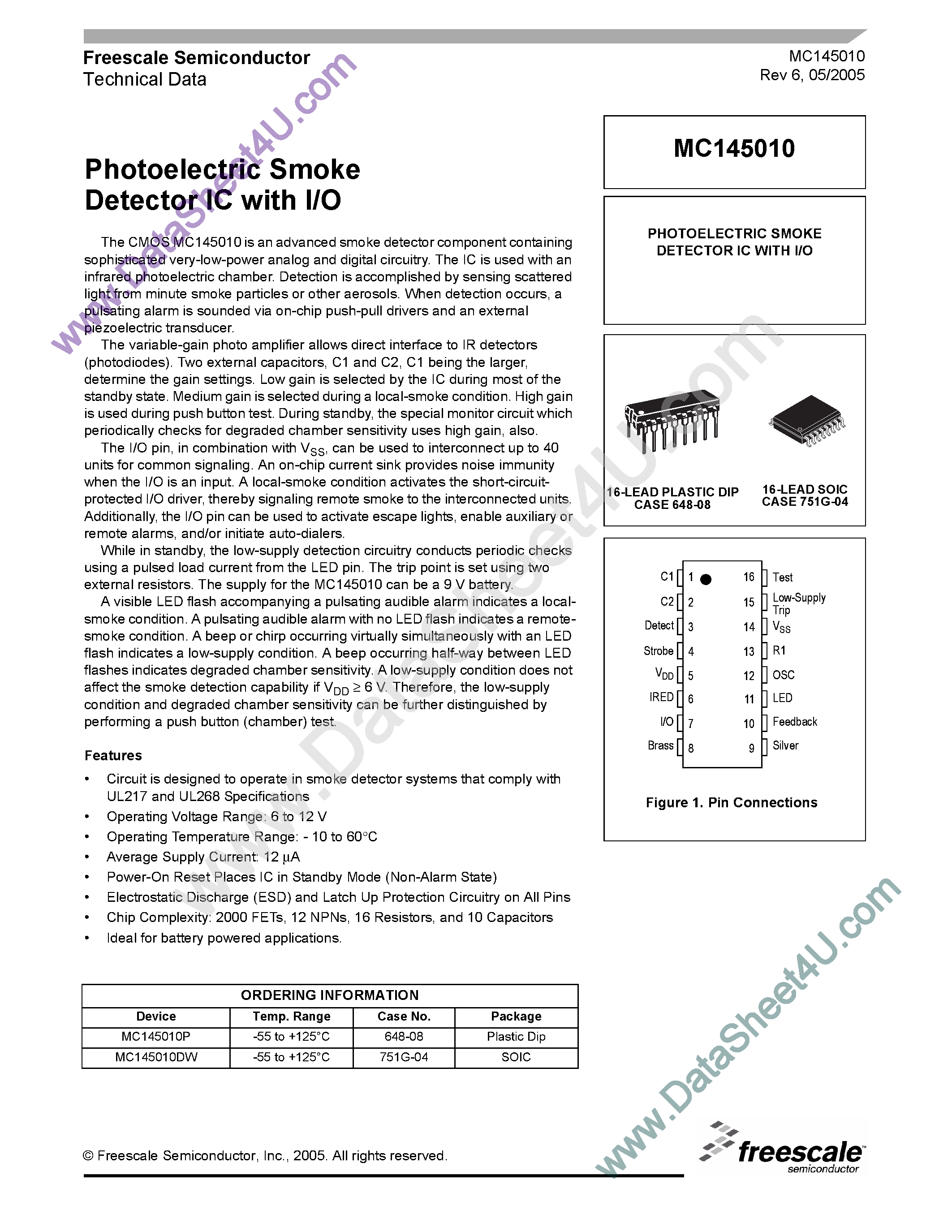 Datasheet MC145010P - Photoelectric Smoke Detector with I/O page 1