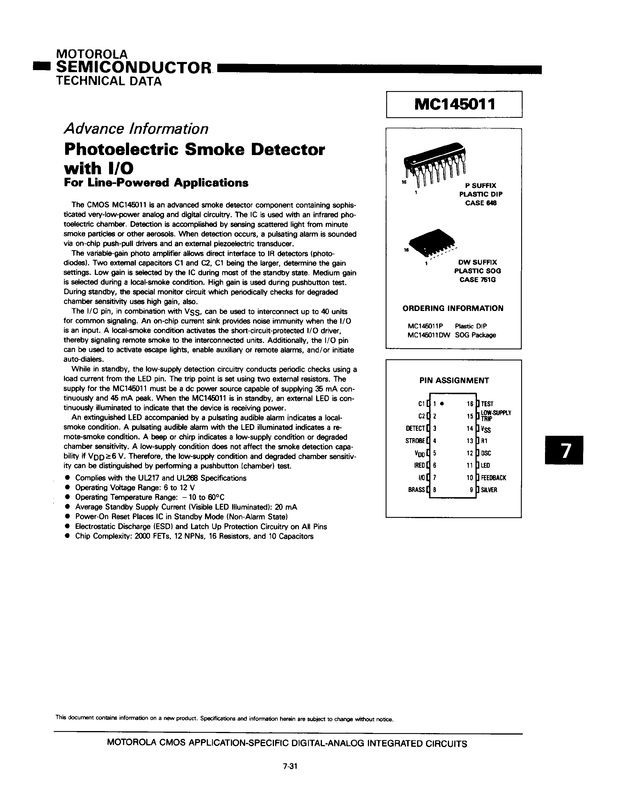 Datasheet MC145011 - Photoelectric Smoke Detector with I/O page 1