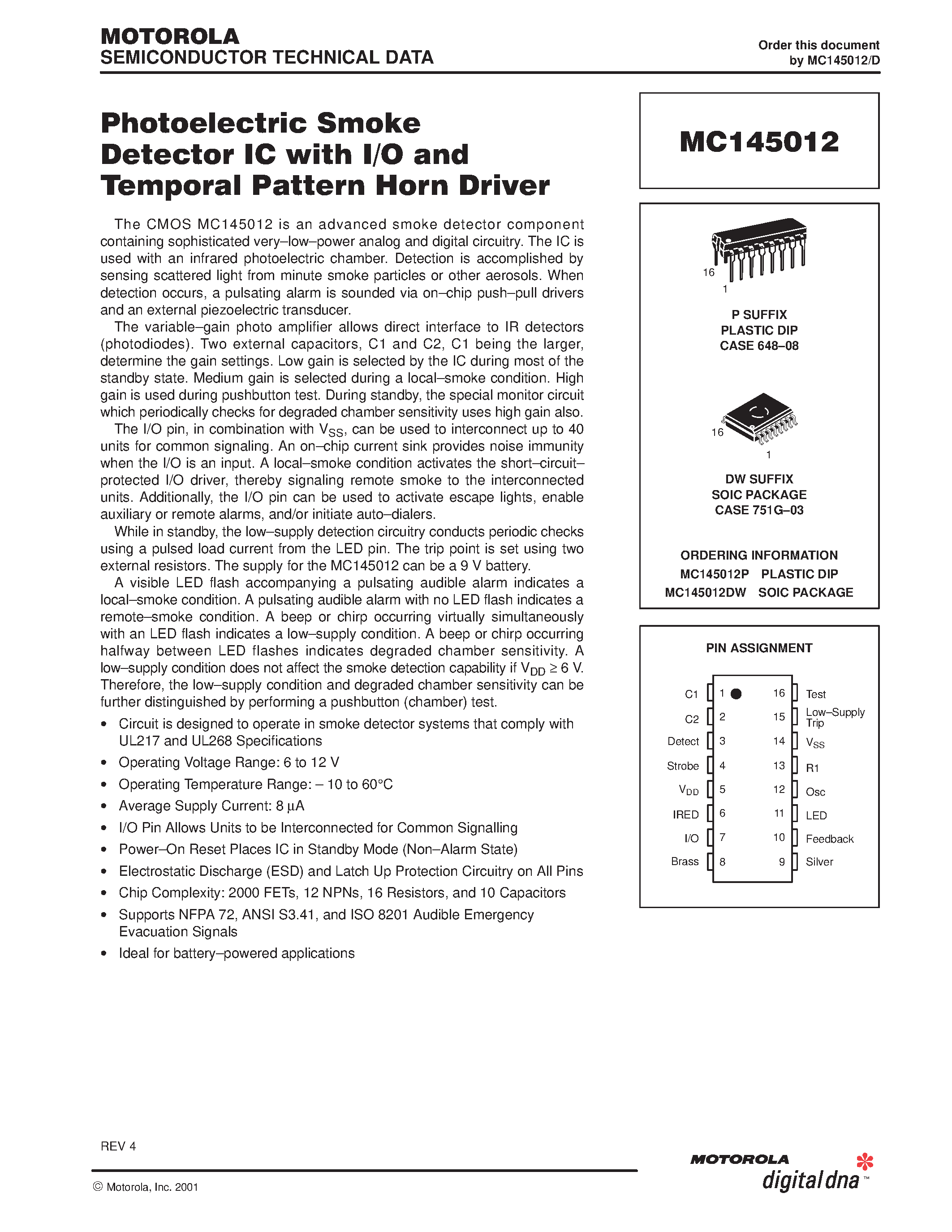 Datasheet MC145012DW - Photoelectic Smoke Detector IC with I/O and Temporal Pattern Horn Driver page 1