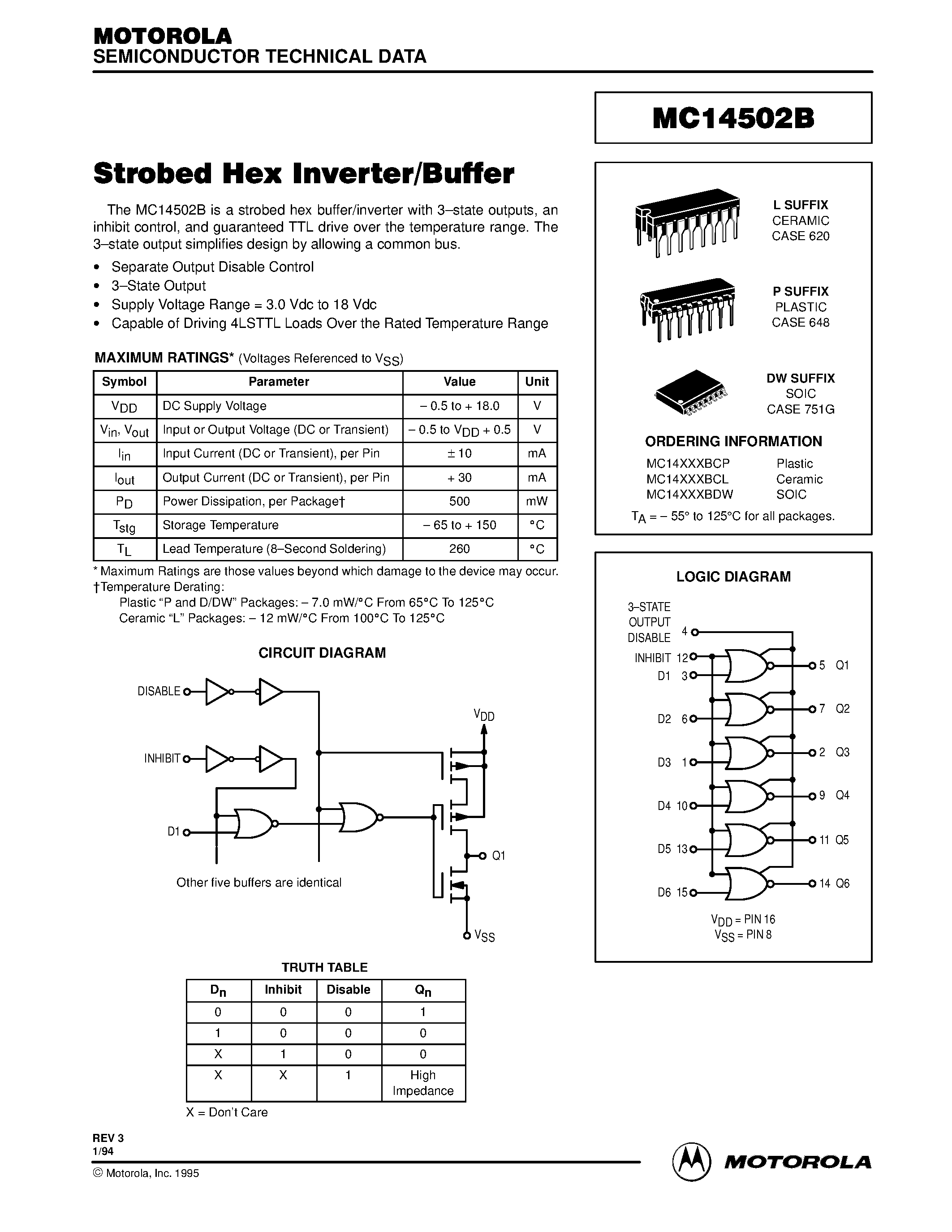 Даташит MC14502BDW - Strobed Hex Inverter/Buffer страница 1