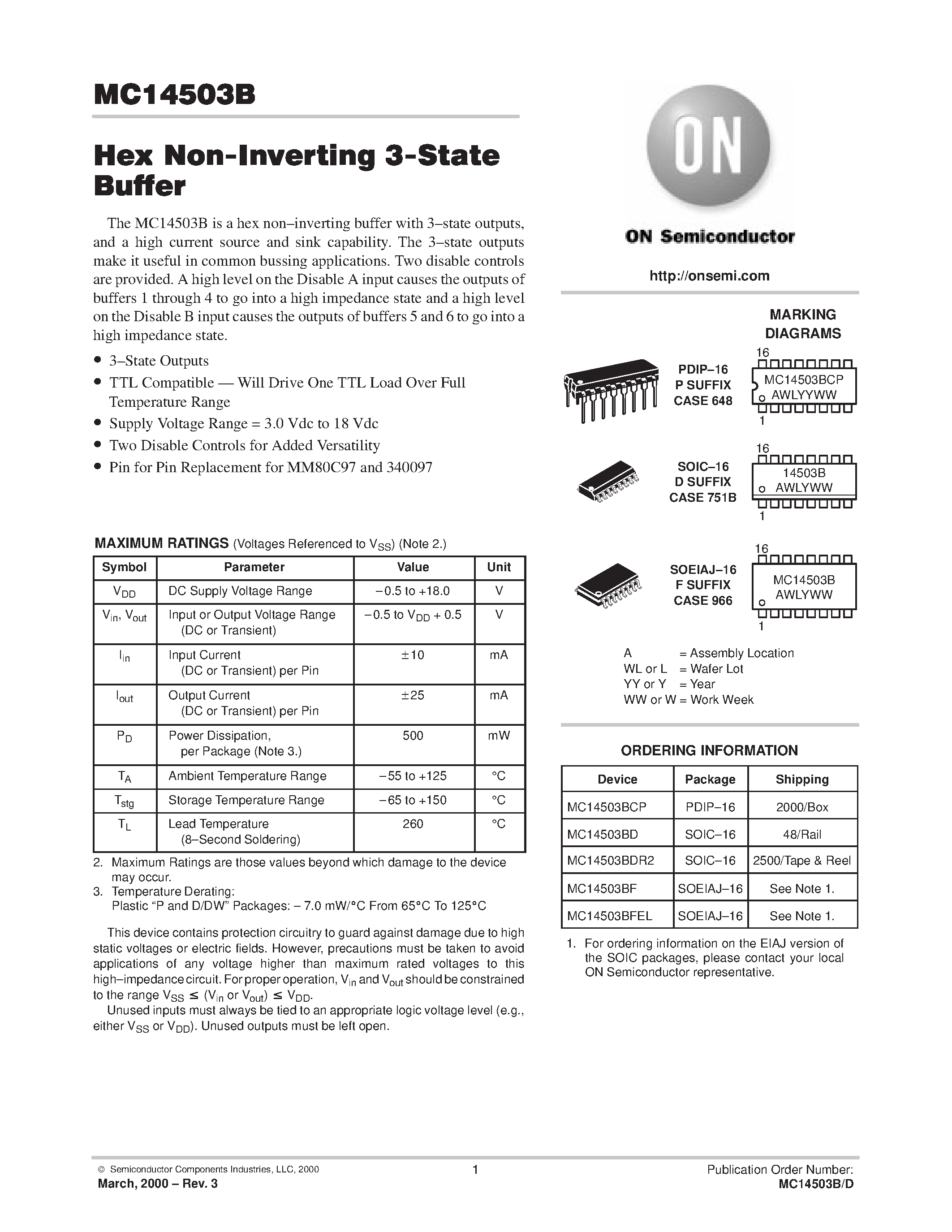 Даташит MC14503BD - Hex Non-Inverting 3-State Buffer страница 1