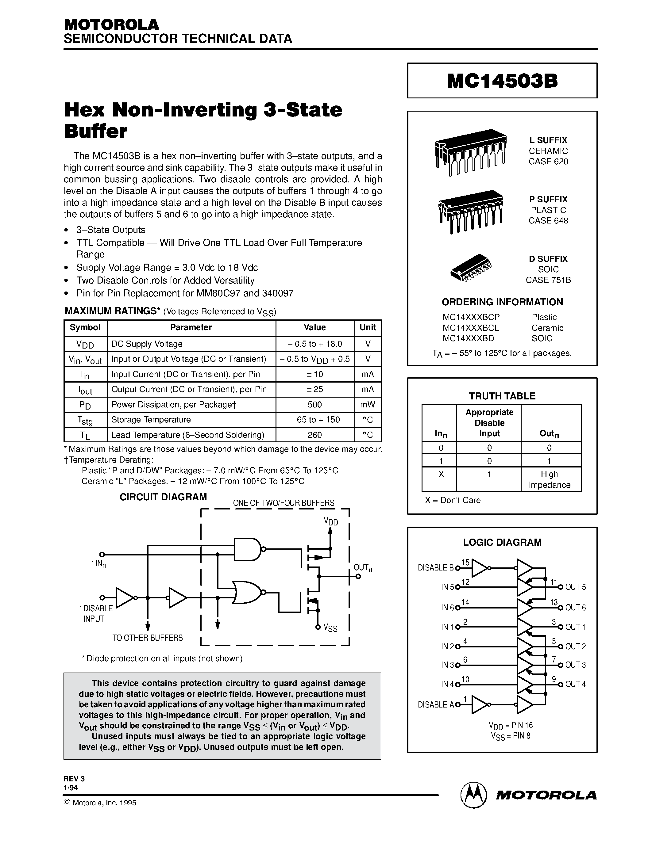 Даташит MC14503BD - Hex Non-Inverting 3-State Buffer страница 1