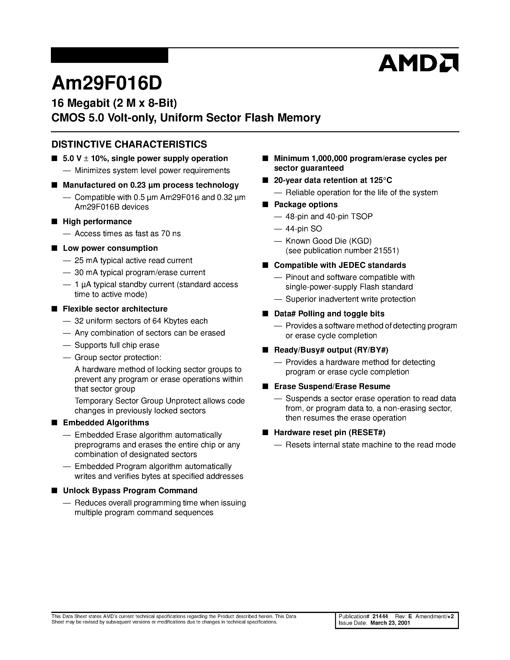 Даташит M29F016D - 16 Megabit (2 M x 8-Bit) CMOS 5.0 Volt-only / Uniform Sector Flash Memory страница 2