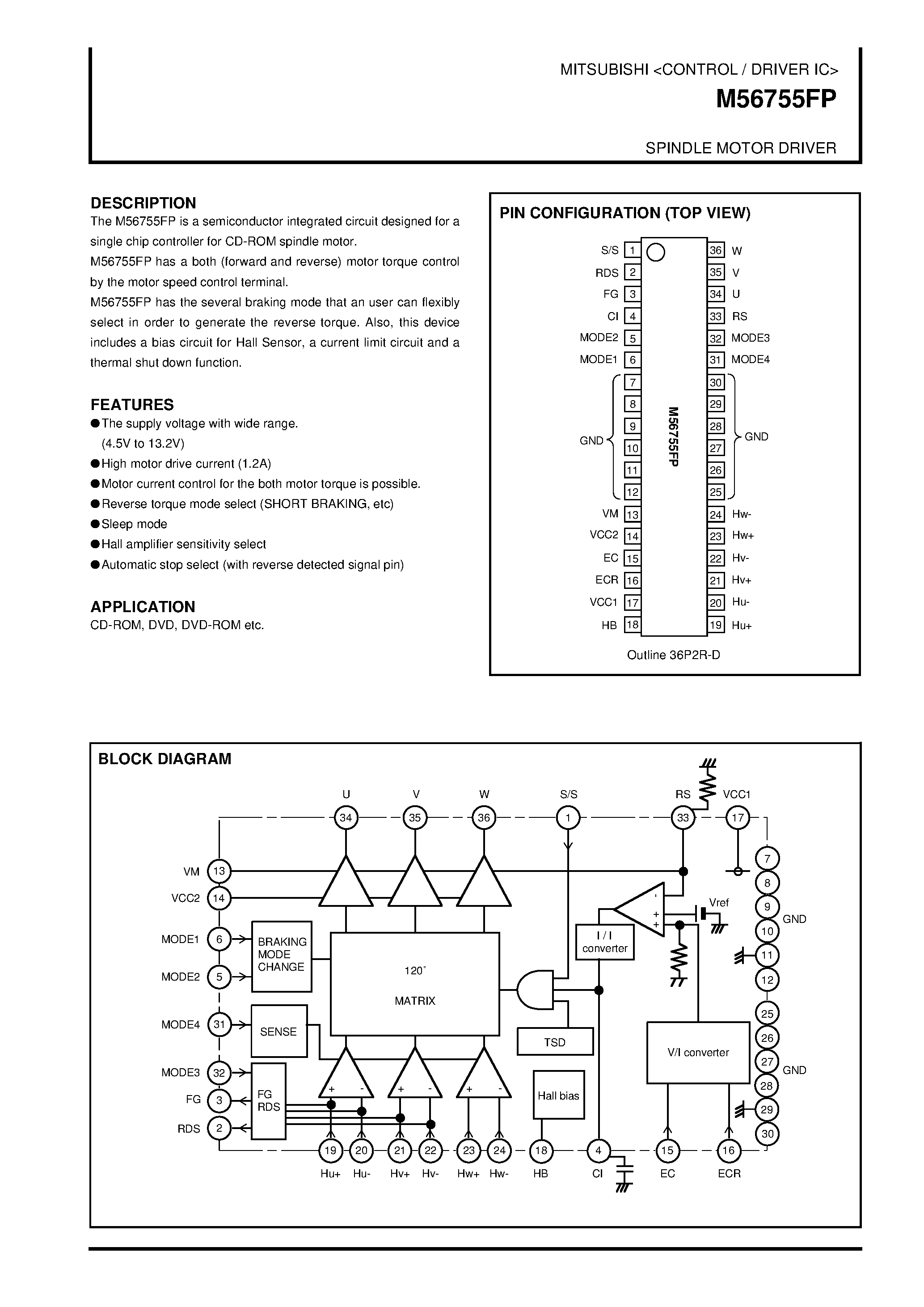 Даташит M56755FP - SPINDLE MOTOR DRIVER страница 1