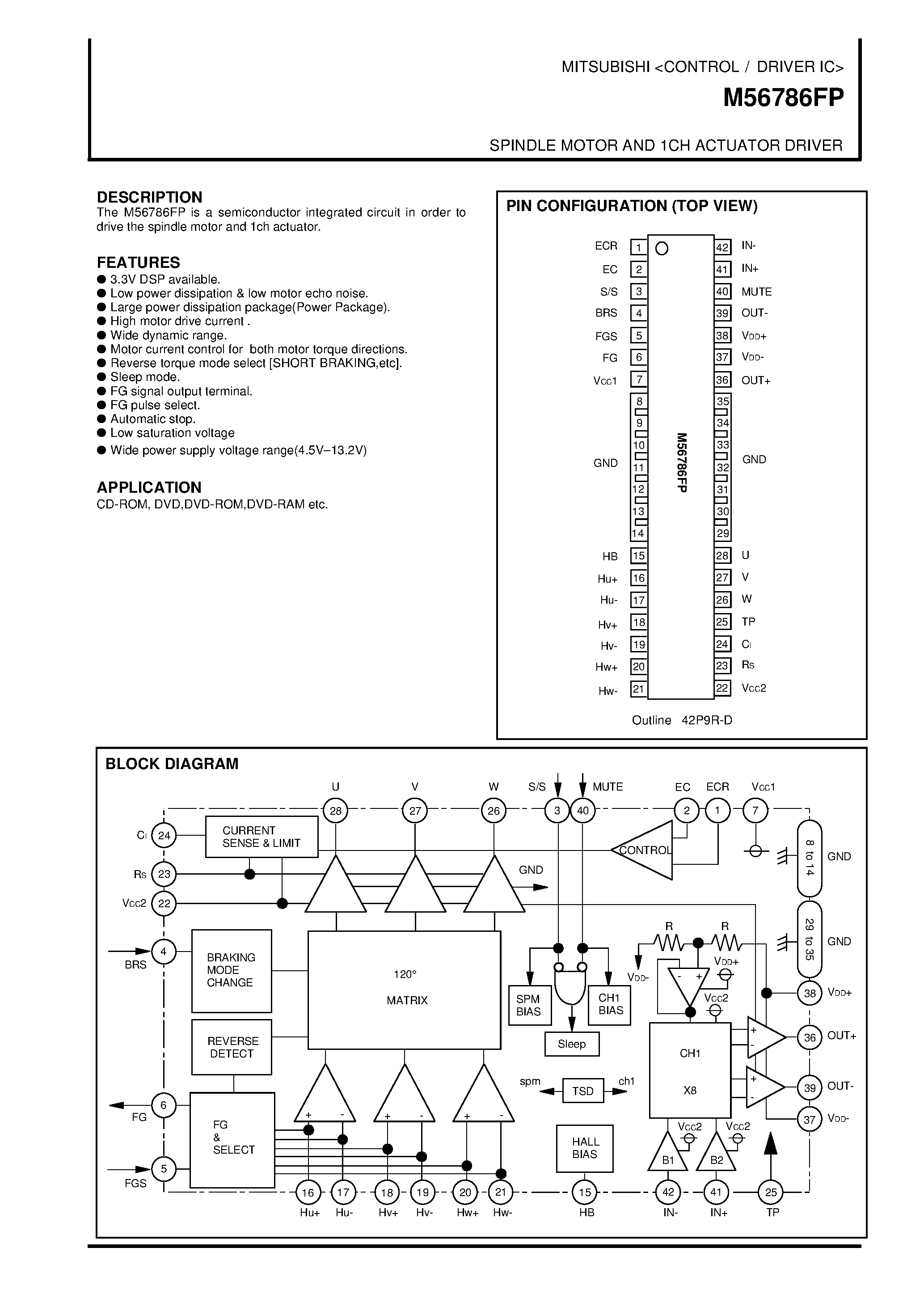 Даташит M56786FP - SPINDLE MOTOR AND 1CH ACTUATOR DRIVER страница 1