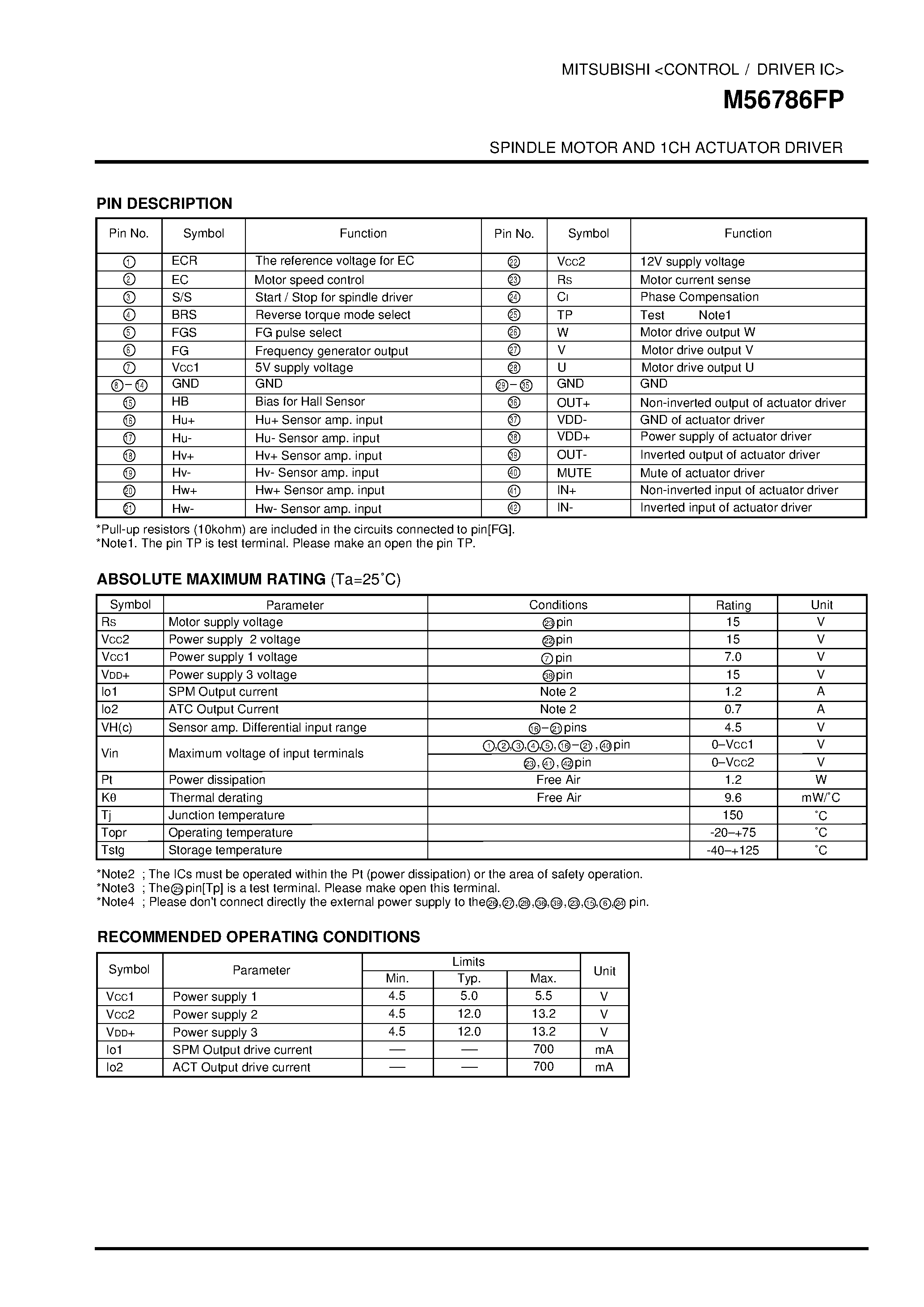 Даташит M56786FP - SPINDLE MOTOR AND 1CH ACTUATOR DRIVER страница 2