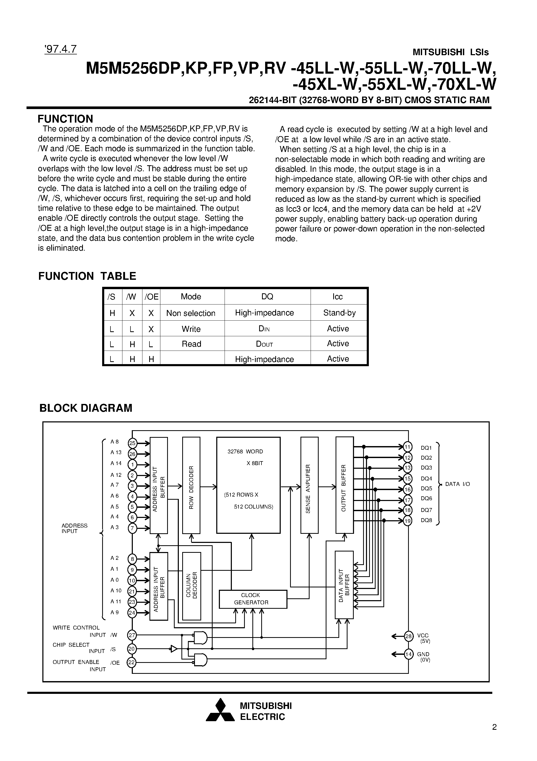 Datasheet M5M5256DP-45LL-W - 262144-BIT (32768-WORD BY 8-BIT) CMOS STATIC RAM page 2