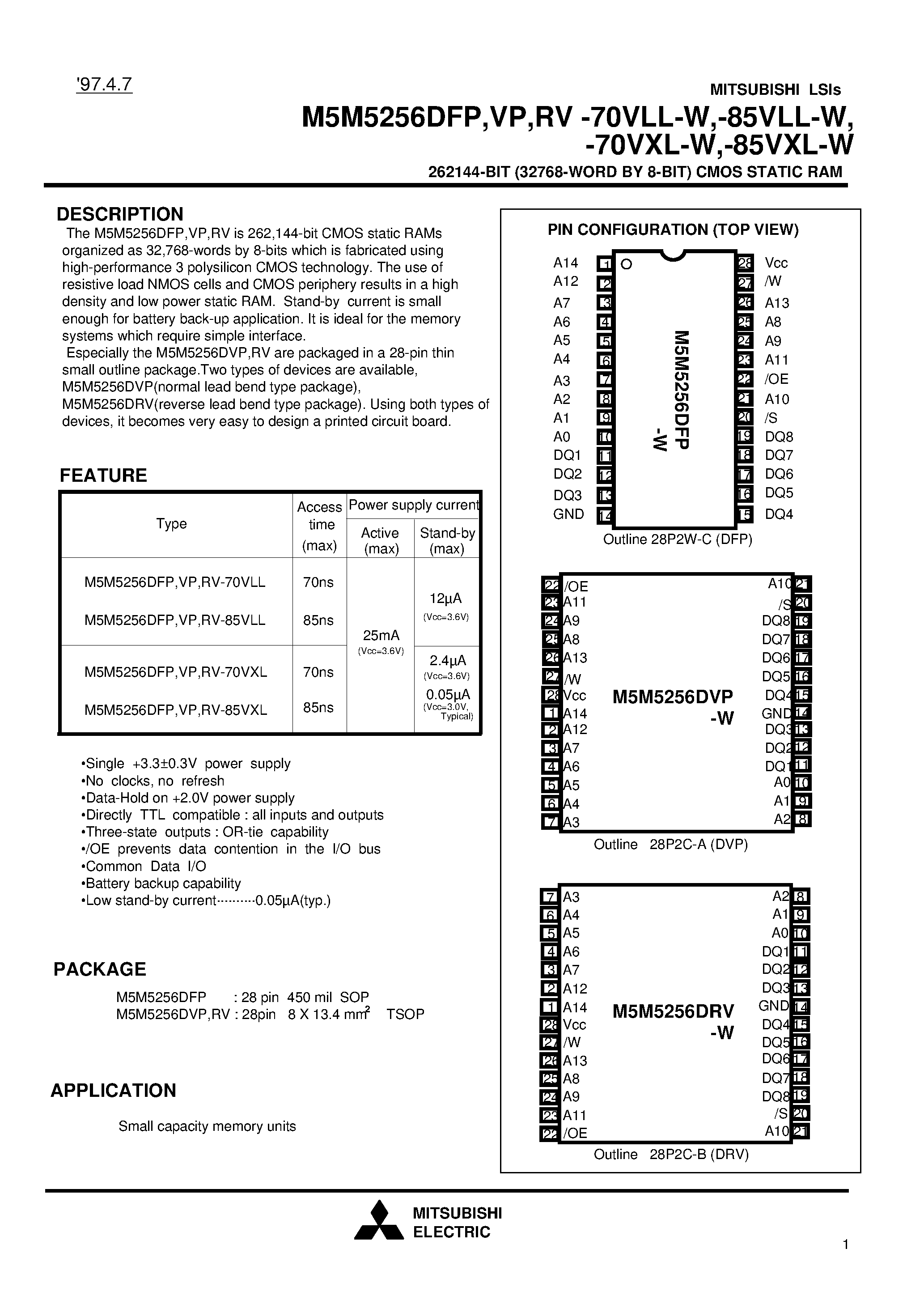 Datasheet M5M5256DRV-70VLL-W - 262144-BIT (32768-WORD BY 8-BIT) CMOS STATIC RAM page 1