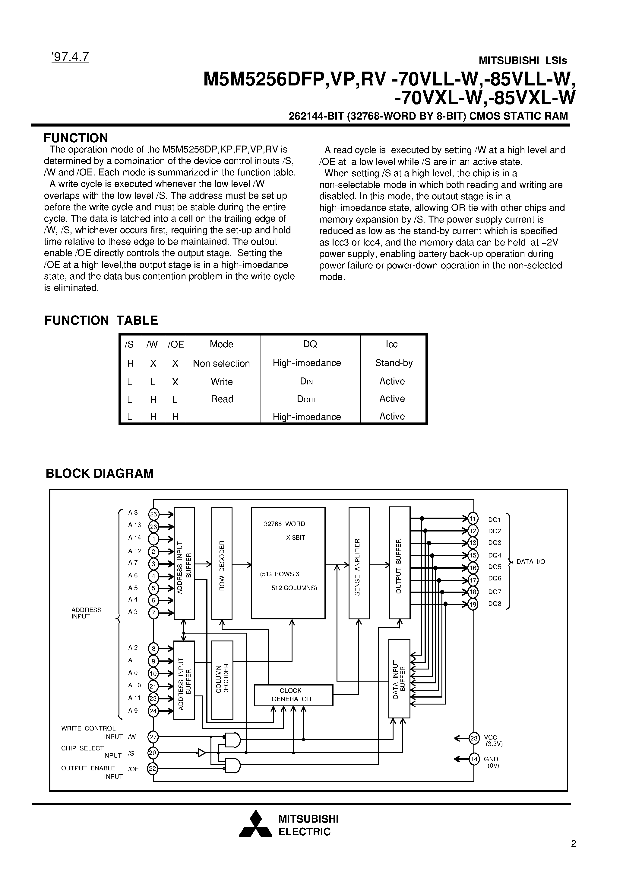 Datasheet M5M5256DRV-70VLL-W - 262144-BIT (32768-WORD BY 8-BIT) CMOS STATIC RAM page 2