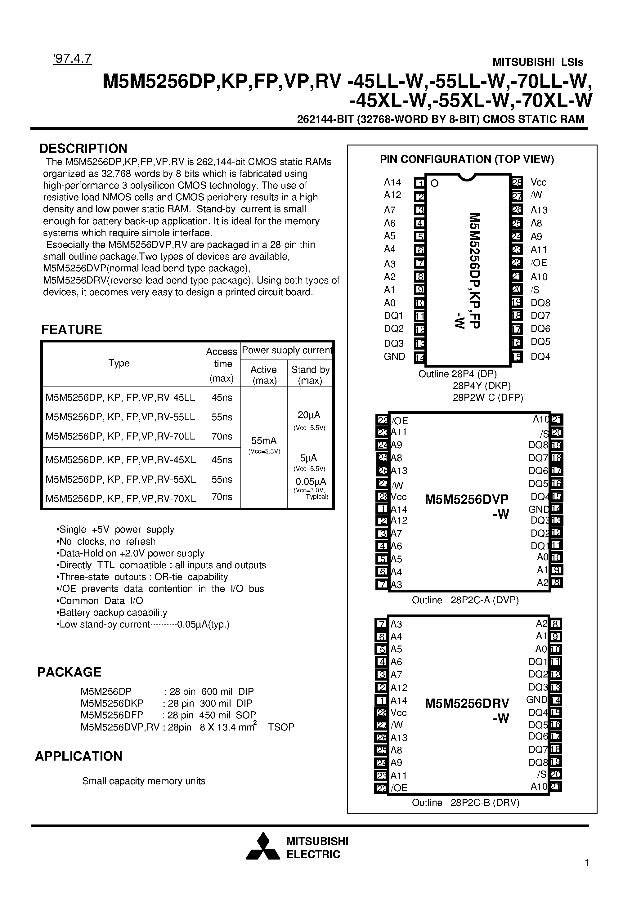 Даташит M5M5256FP-55XL-W - 262144-BIT (32768-WORD BY 8-BIT) CMOS STATIC RAM страница 1