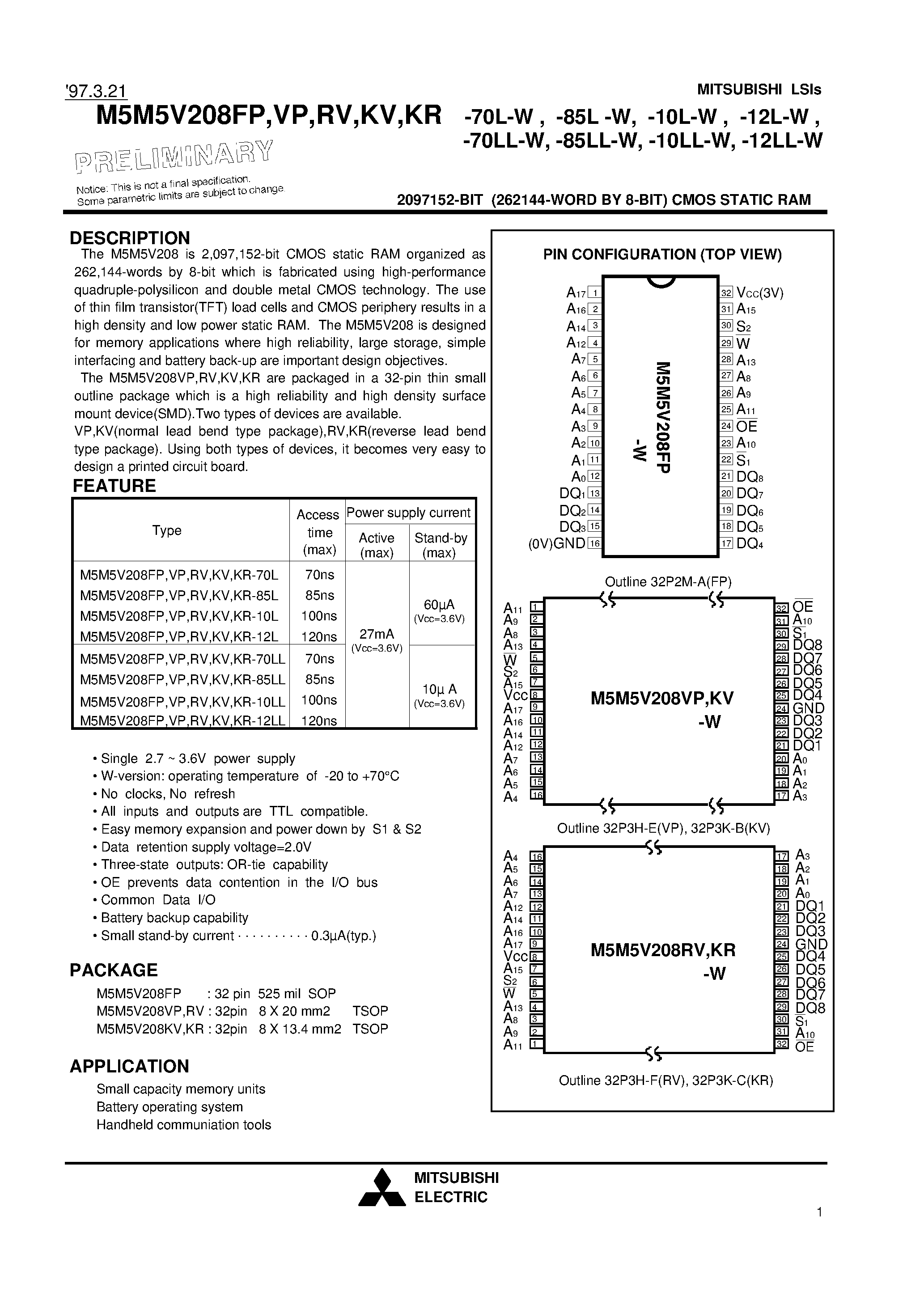 Datasheet M5M5V208KR-10L-W - 2097152-BIT (262144-WORD BY 8-BIT) CMOS STATIC RAM page 1