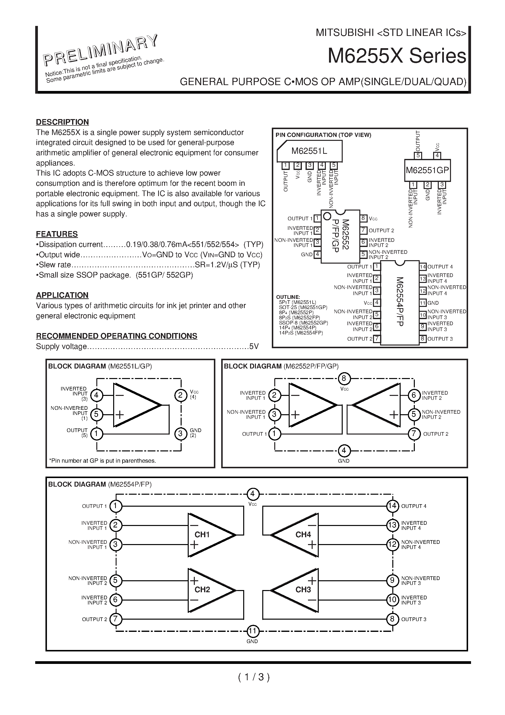 Даташит M62551 - GENERAL PURPOSE C-MOS OP AMP(SINGLE/DUAL/QUAD) страница 1