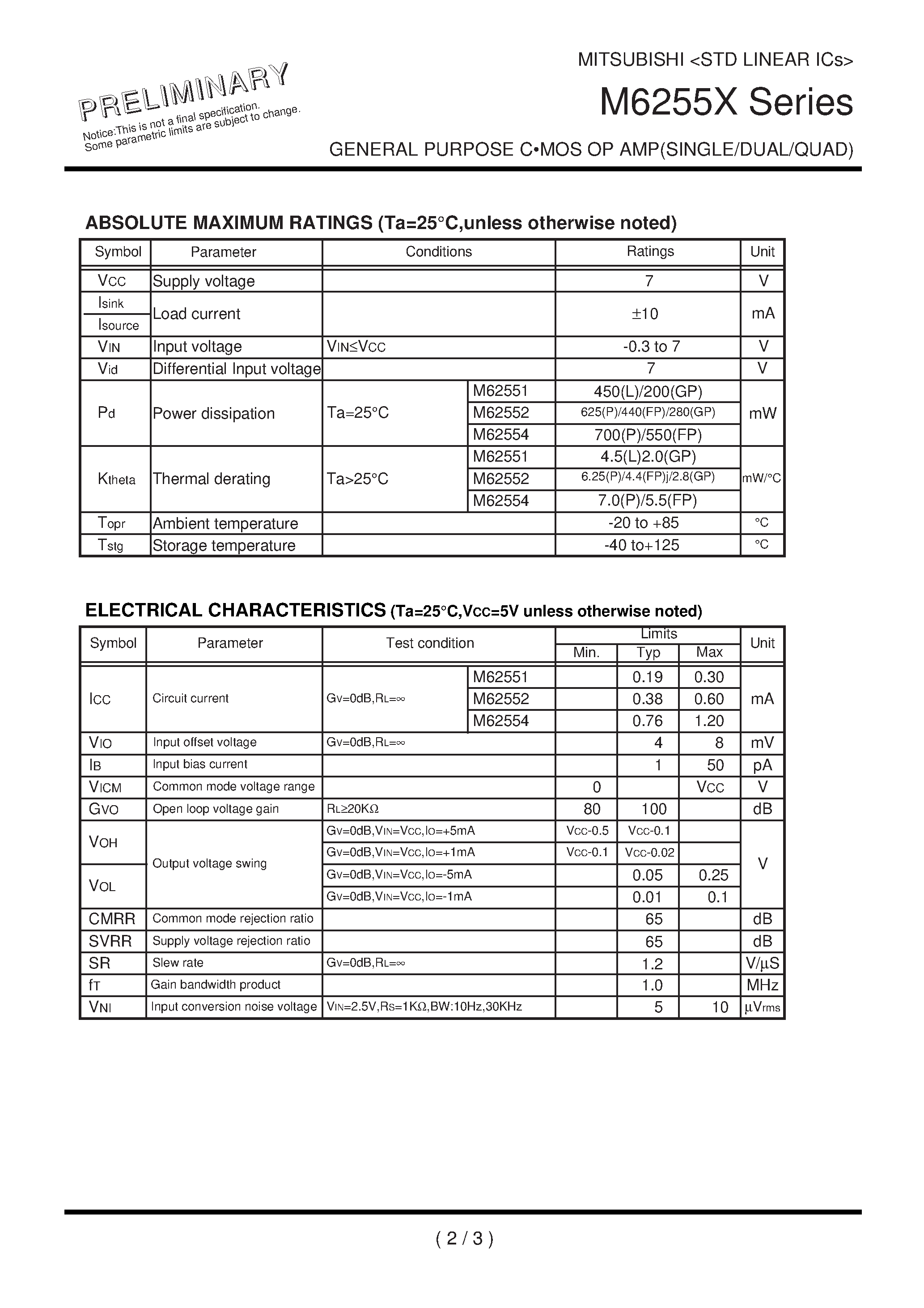 Datasheet M62552 - GENERAL PURPOSE C-MOS OP AMP(SINGLE/DUAL/QUAD) page 2