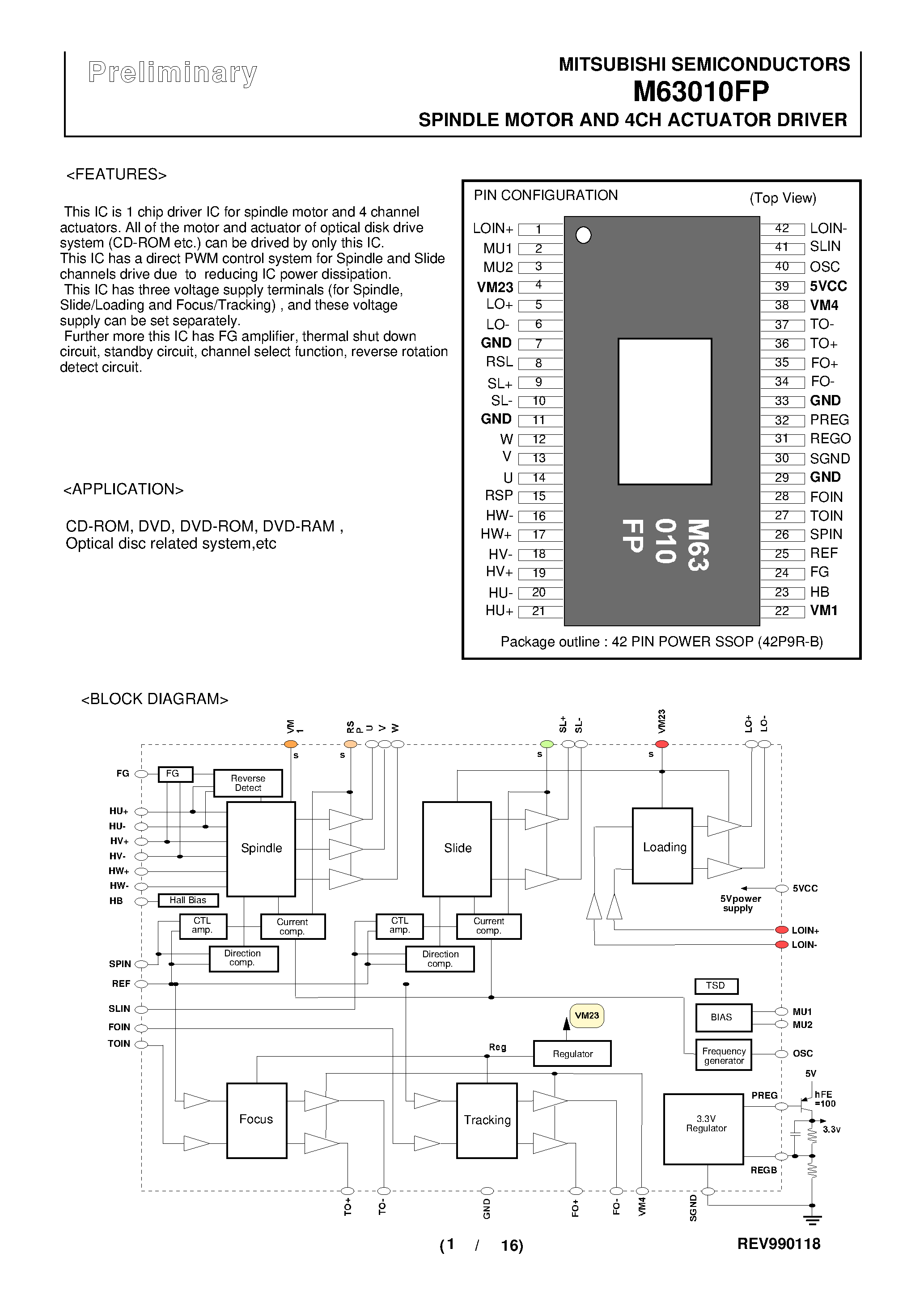 Даташит M63010 - SPINDLE MOTOR AND 4CH ACTUATOR DRIVER страница 1