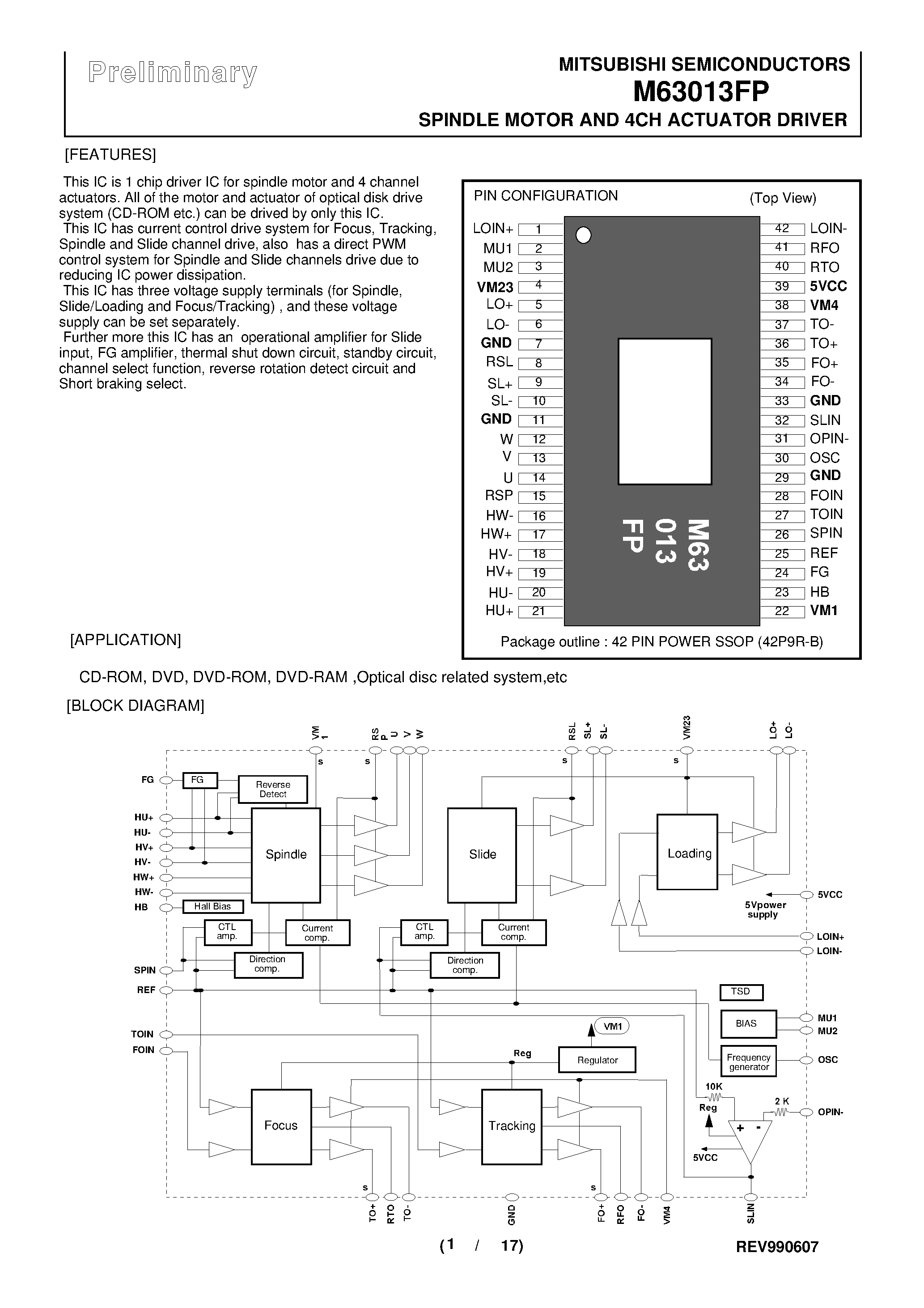 Даташит M63013 - SPINDLE MOTOR AND 4CH ACTUATOR DRIVER страница 1