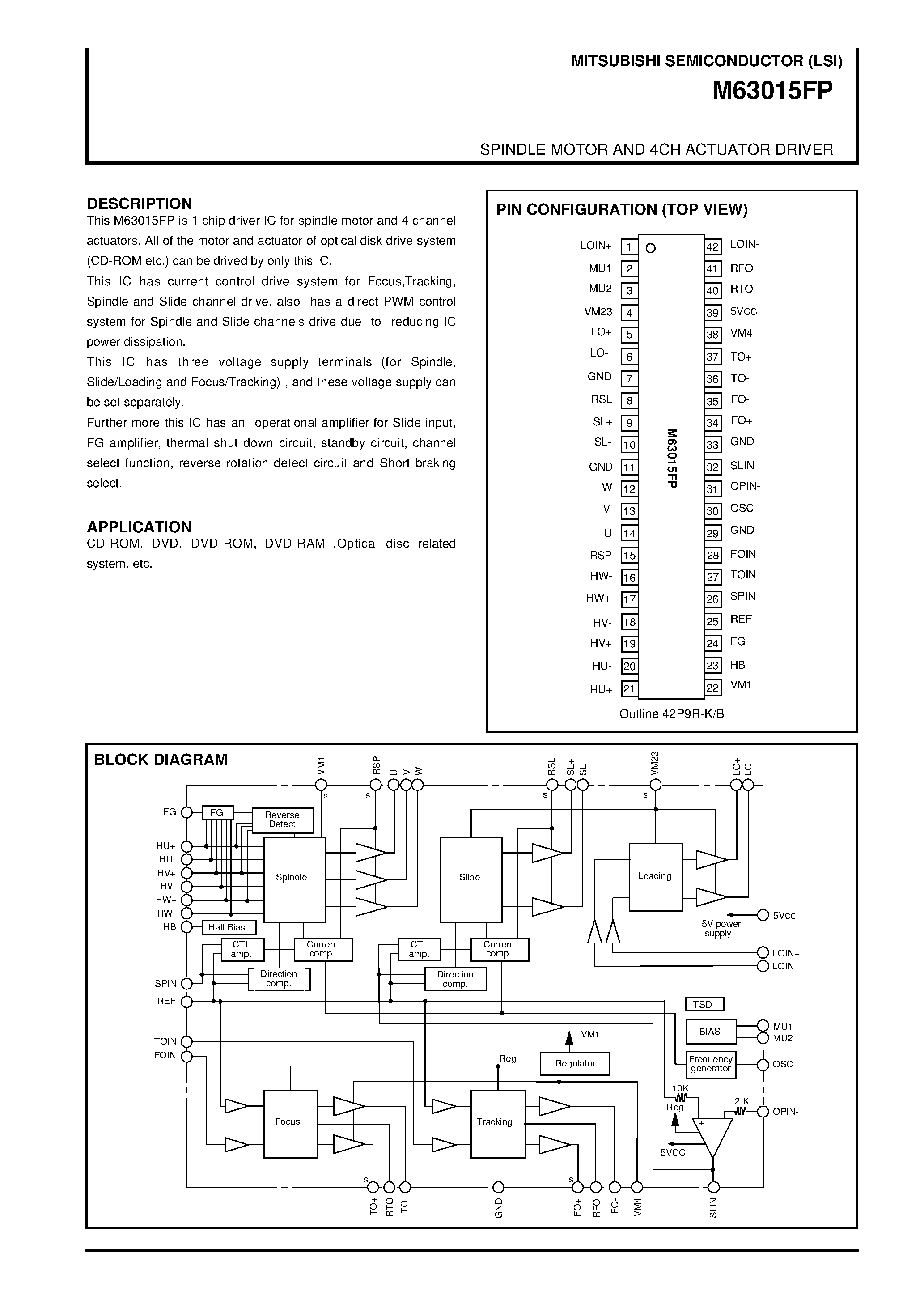 Даташит M63015FP - SPINDLE MOTOR AND 4CH ACTUATOR DRIVER страница 1