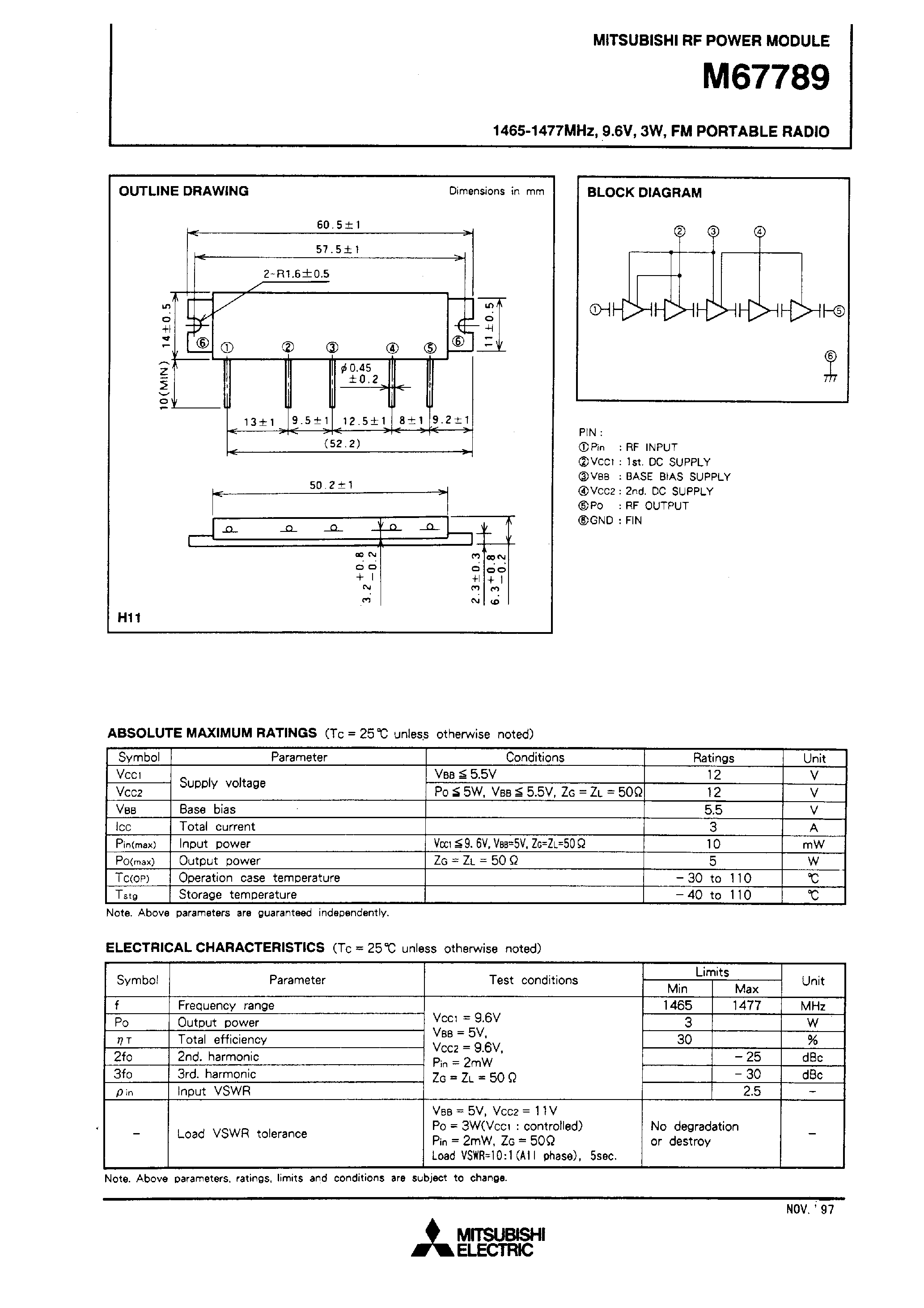 Даташит M67789 - 1465-1477MHz / 9.6V / 3W / FM PORTABLE RADIO страница 1