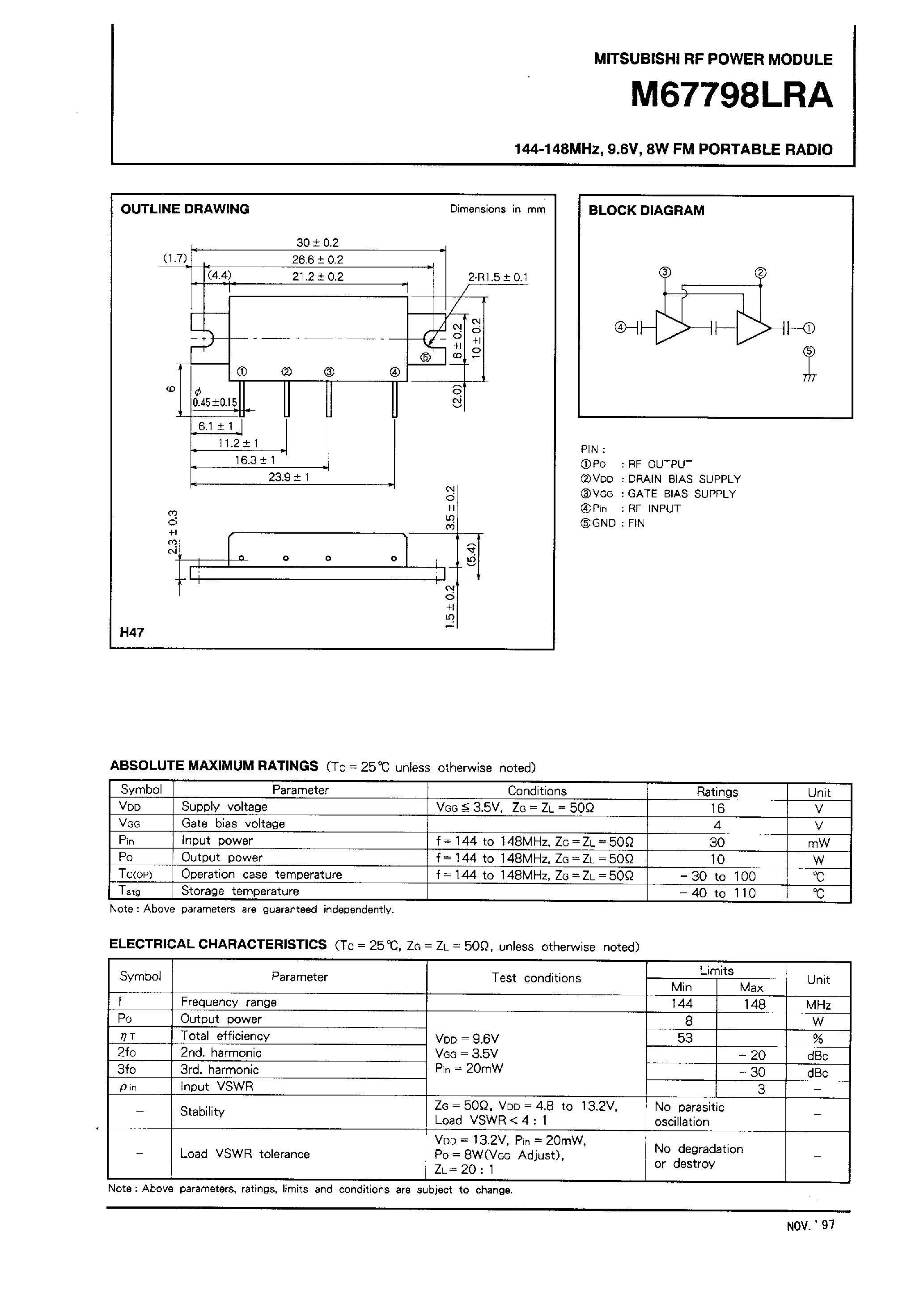 Даташит M67798LRA - 144-148MHz / 9.6V / 8W / FM PORTABLE RADIO страница 1