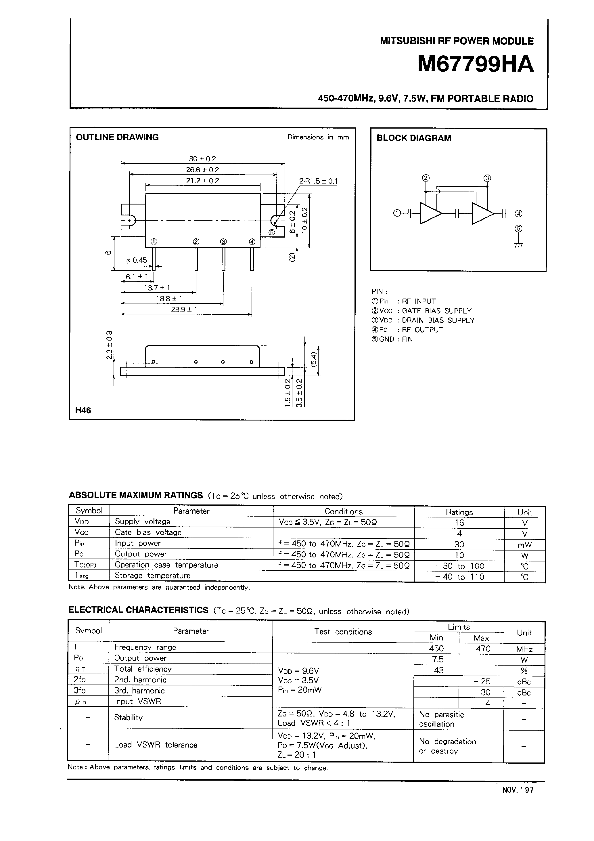 Даташит M67799 - 450-470MHz / 9.6V / 7.5W / FM PORTABLE RADIO страница 1