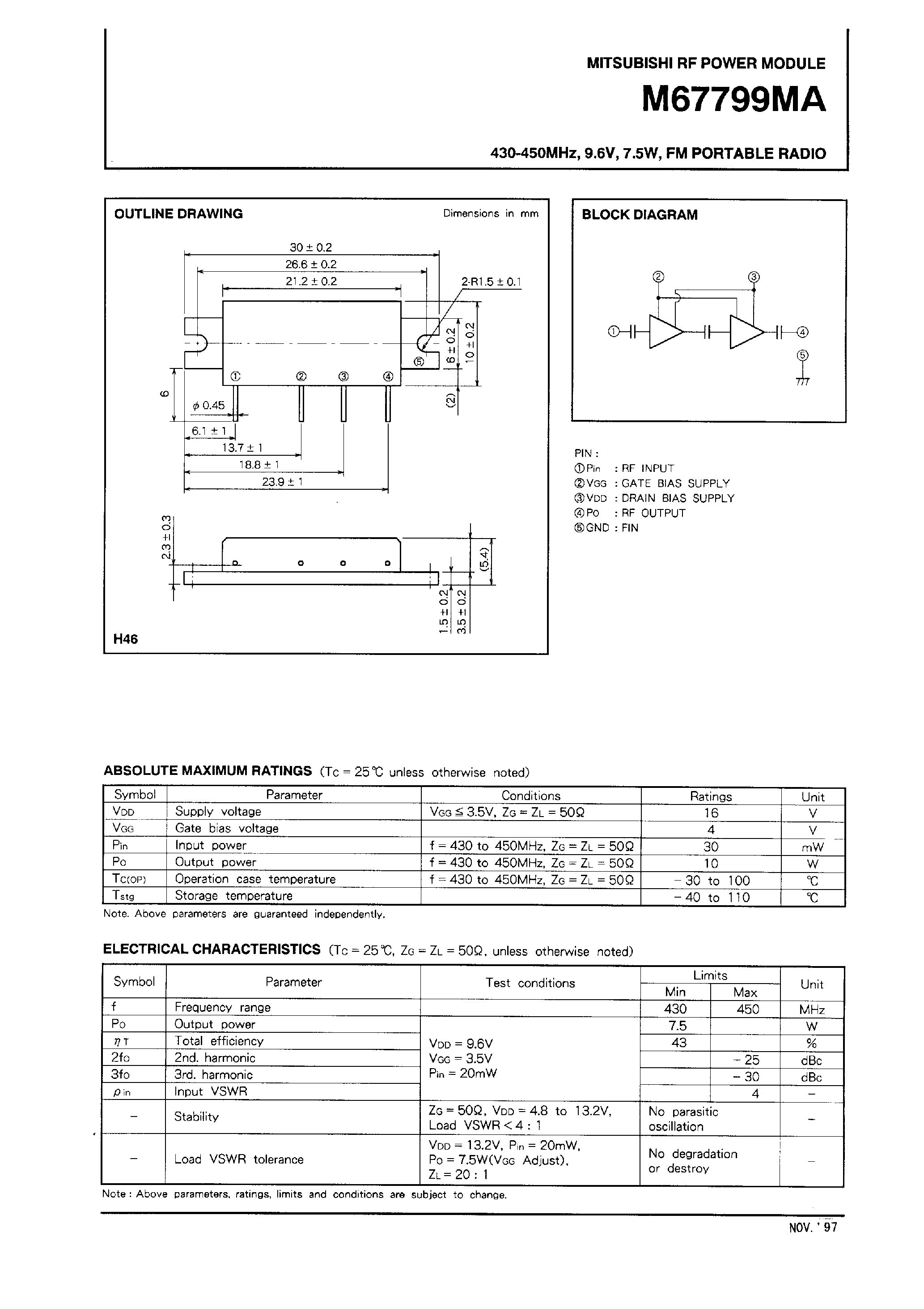 Даташит M67799MA - 430-450MHz / 9.6V / 7.5W / FM PORTABLE RADIO страница 1