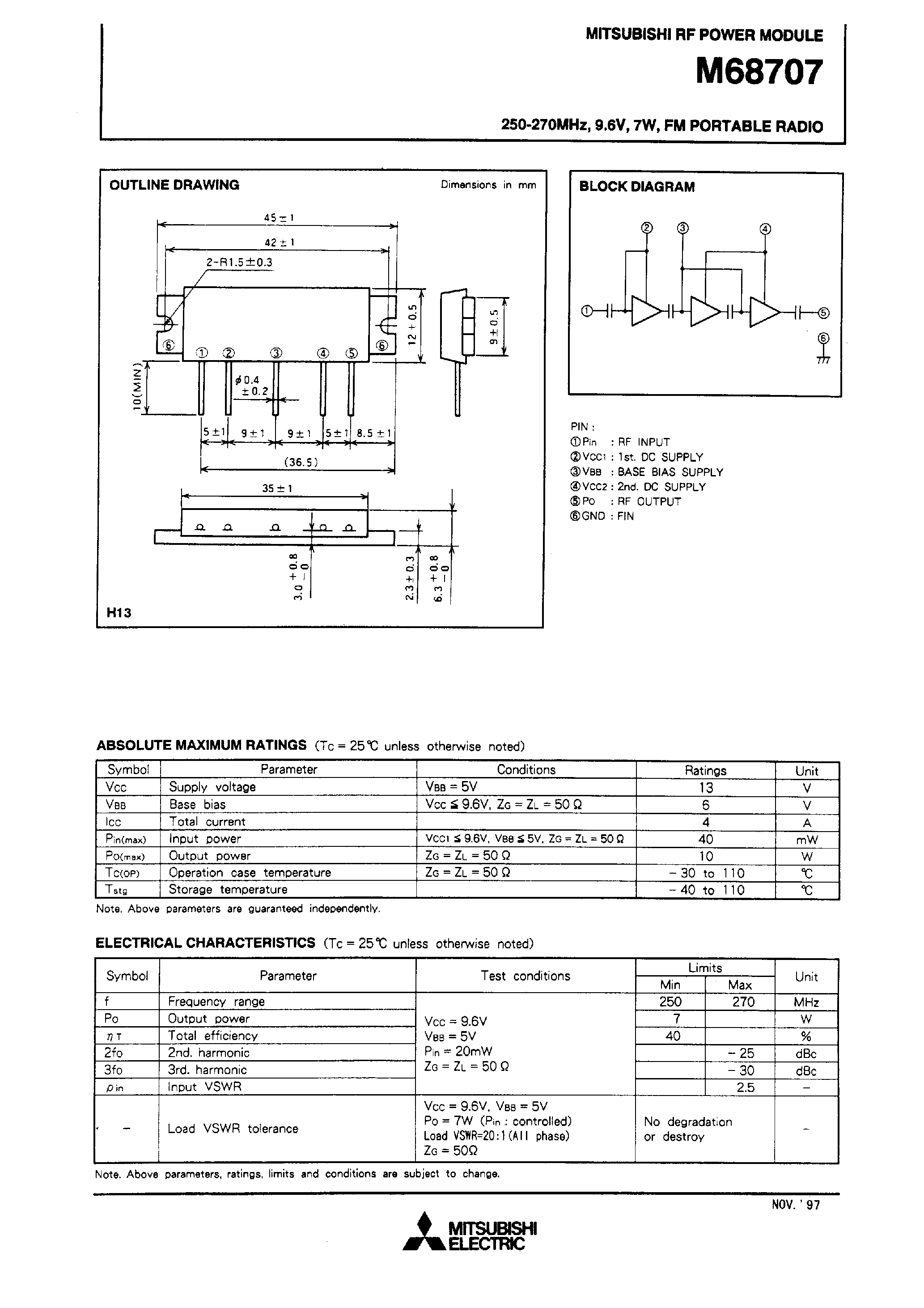 Даташит M68707 - 250-270MHz / 9.6V / 7W / FM PORTABLE RADIO страница 1