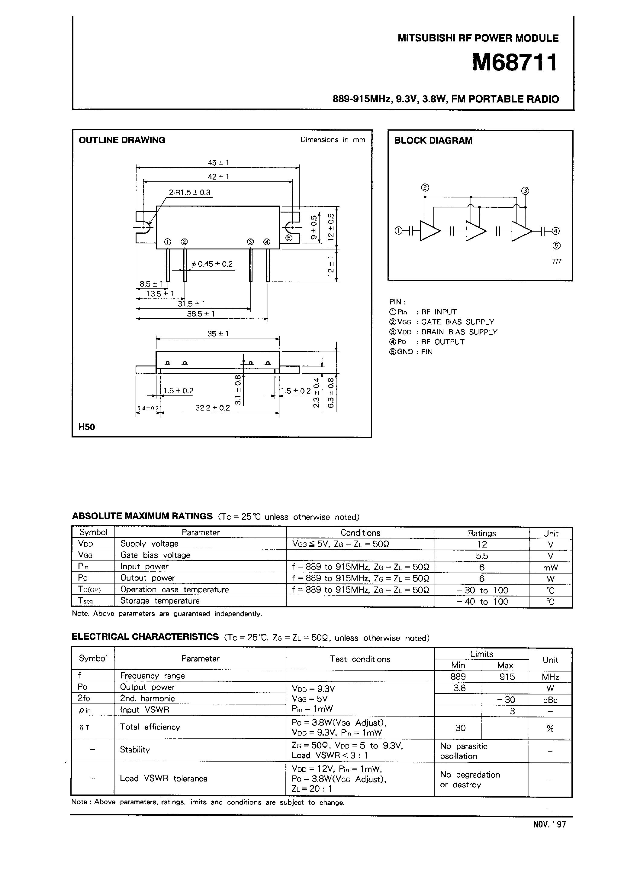 Даташит M68711 - 889-915MHz / 9.3V / 3.8W / FM PORTABLE RADIO страница 1