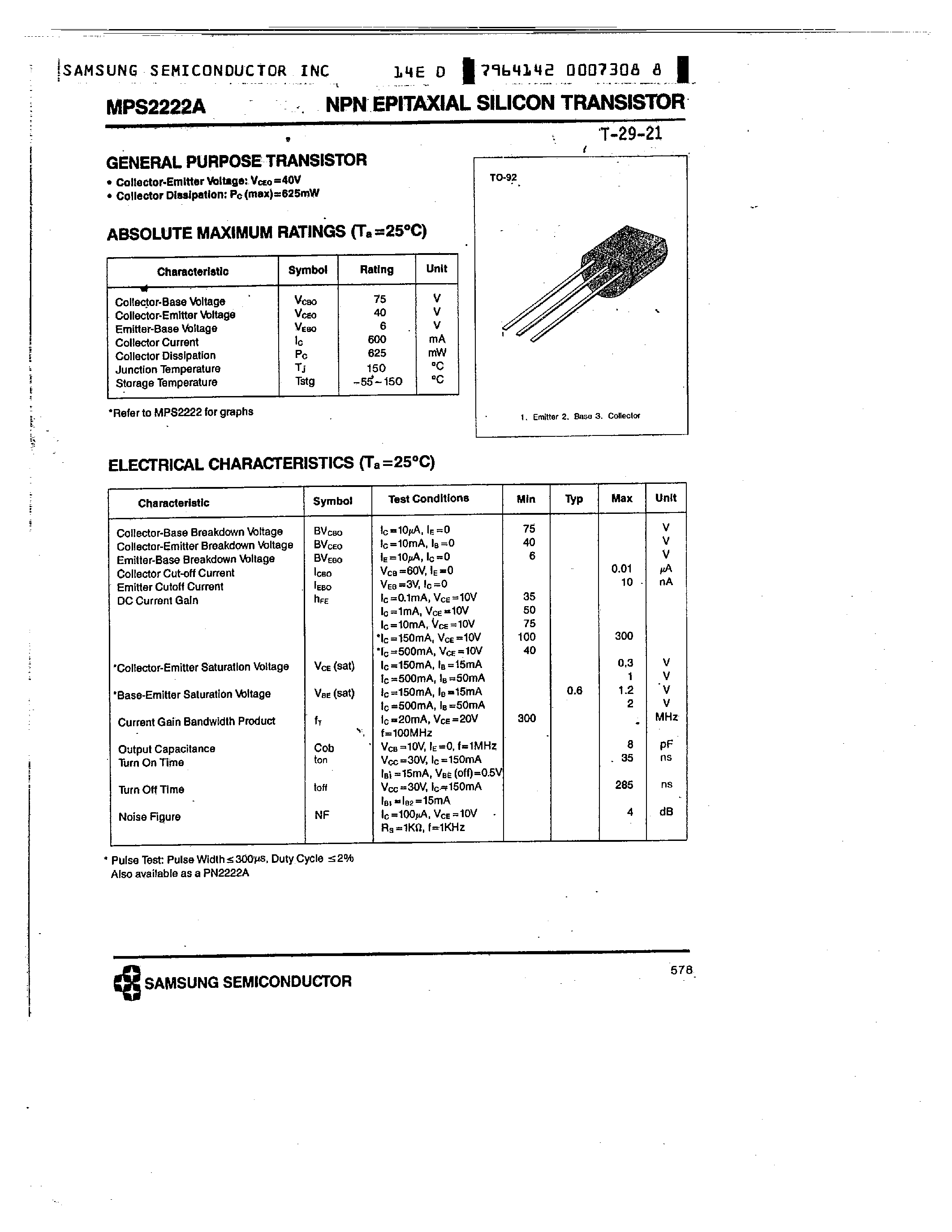 Даташит MPS2222A - NPN EPITAXIAL SILICON TRANSISTOR(GENERAL PURPOSE TRANSISTOR) страница 1