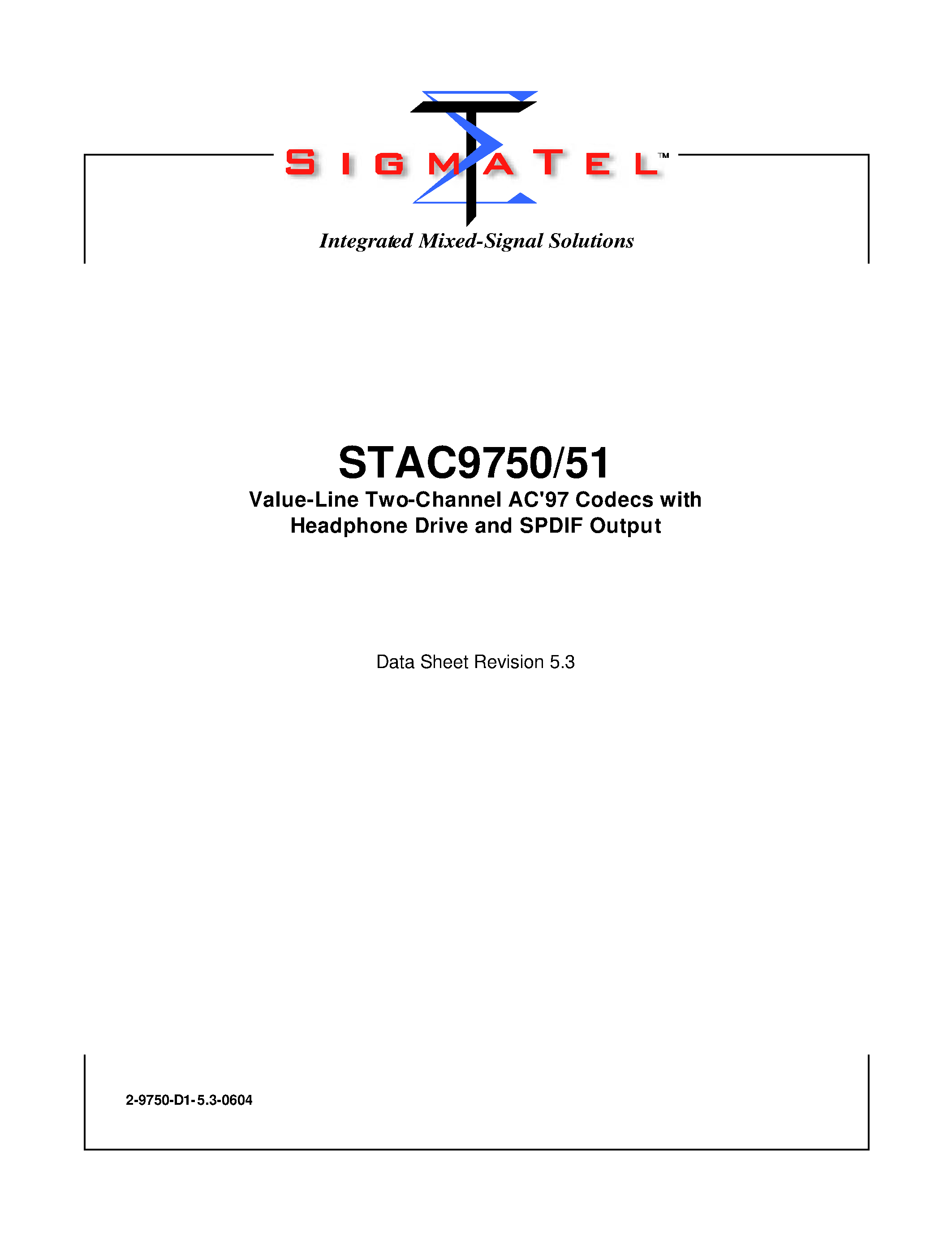 Даташит STAC975x - Value Line Two Channel AC97 Codecs with Headphone Drive and SPDIF Output страница 1