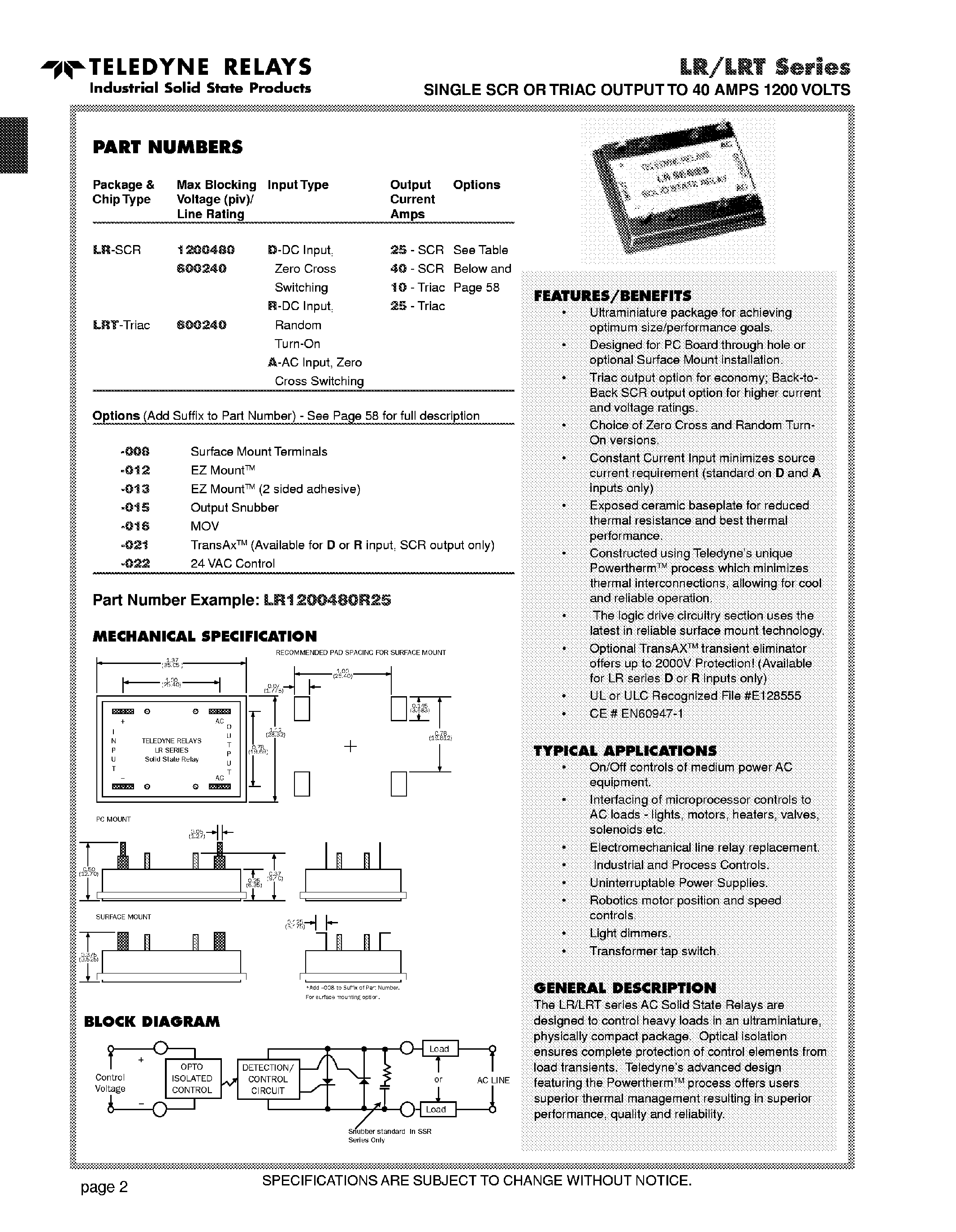 Даташит LR1200xxx - Single SCR or Triac Output to 40 Amps 1200 Volts страница 1