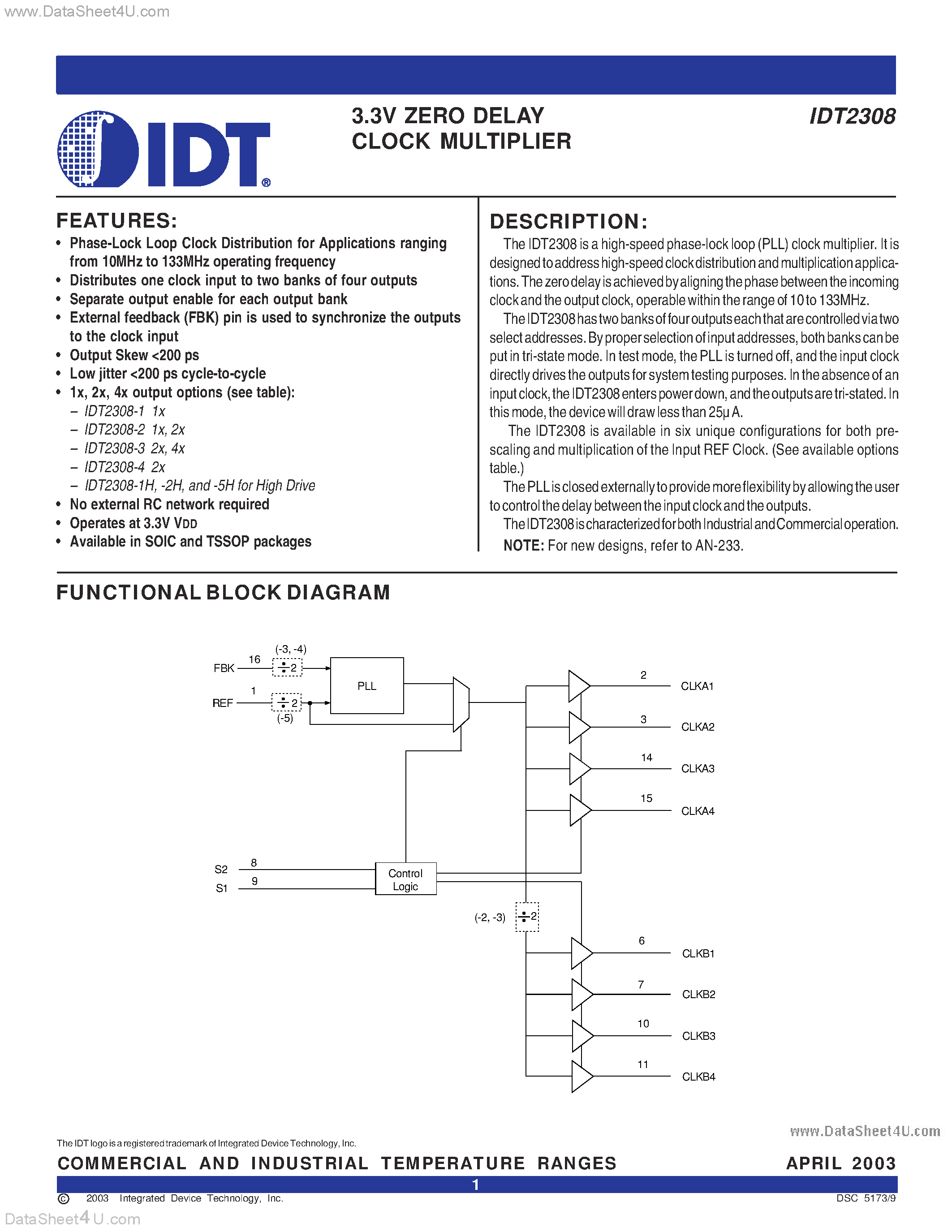 Даташит IDT2308-3 - 3.3V ZERO DELAY CLOCK MULTIPLIER страница 1