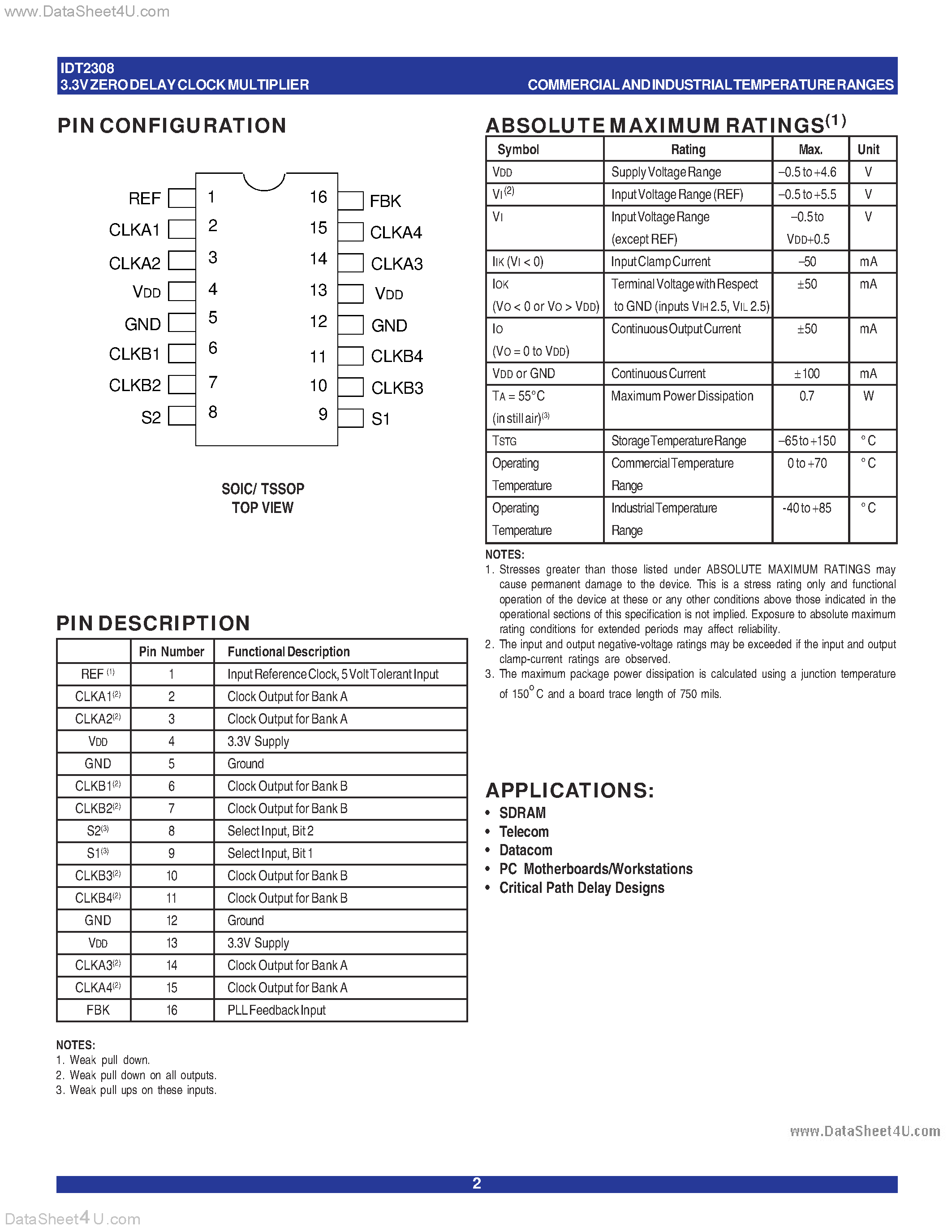 Даташит IDT2308-3 - 3.3V ZERO DELAY CLOCK MULTIPLIER страница 2