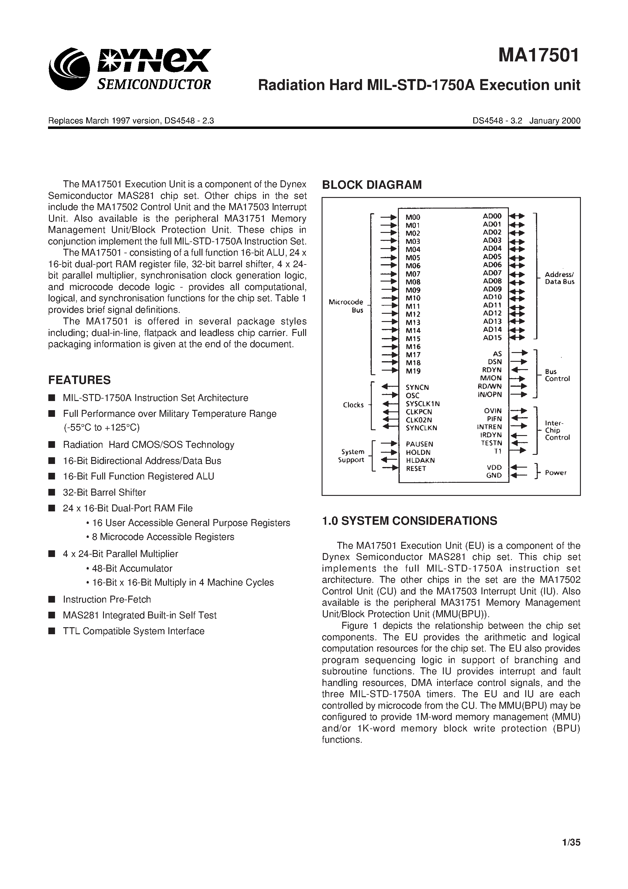 Даташит MA17501 - Radiation Hard MIL-STD-1750A Execution unit страница 1