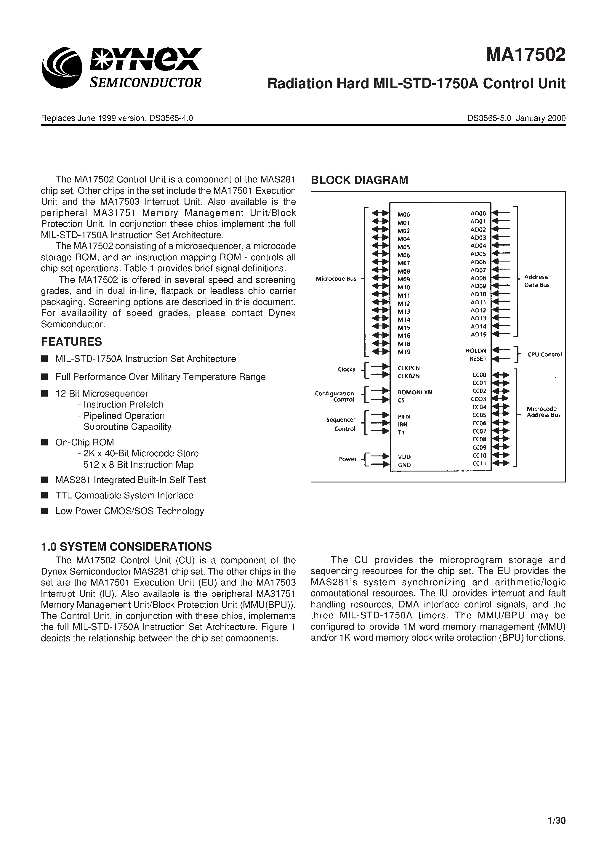 Даташит MA17502 - Radiation Hard MIL-STD-1750A Control Unit страница 1