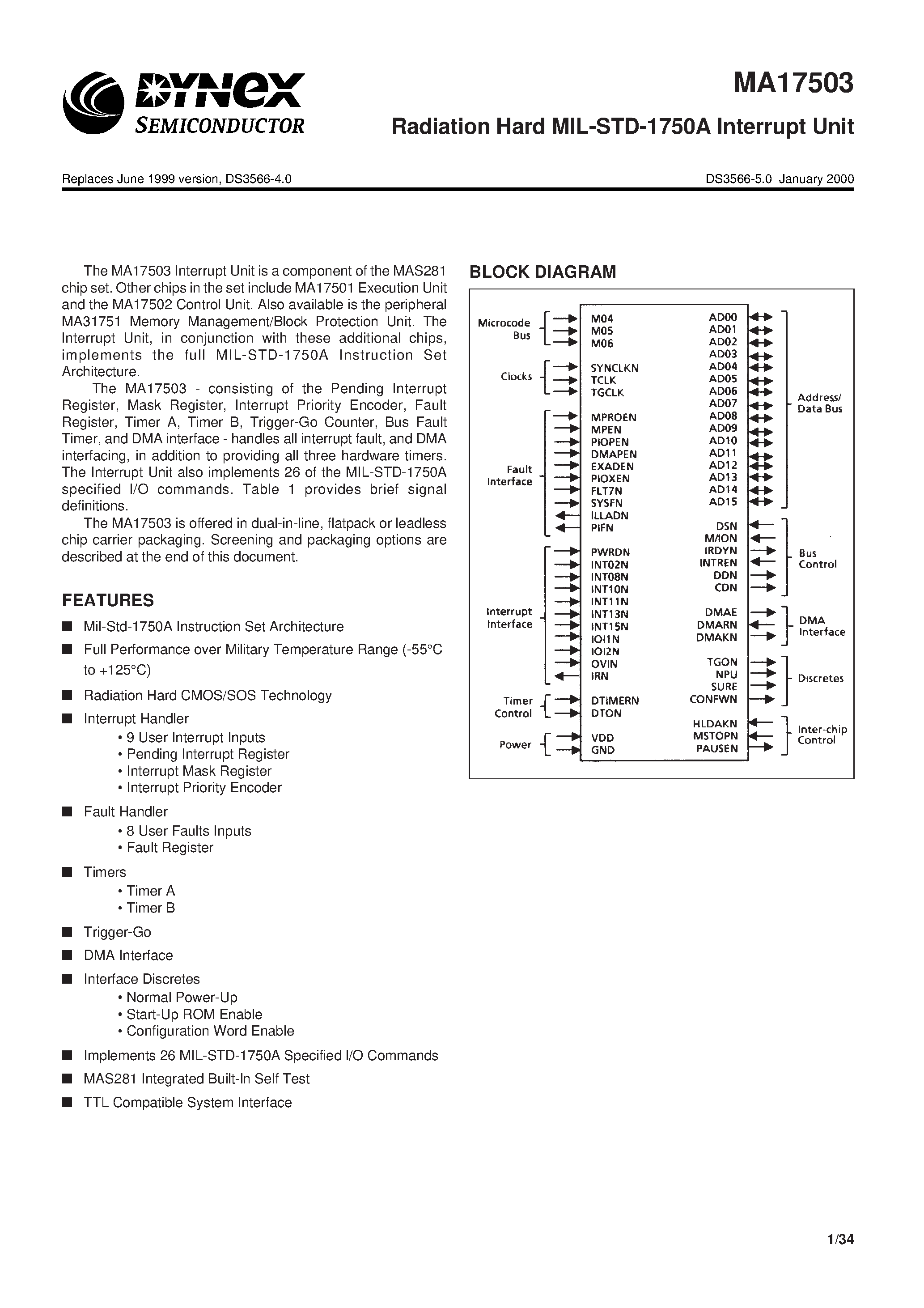 Даташит MA17503 - Radiation Hard MIL-STD-1750A Interrupt Unit страница 1