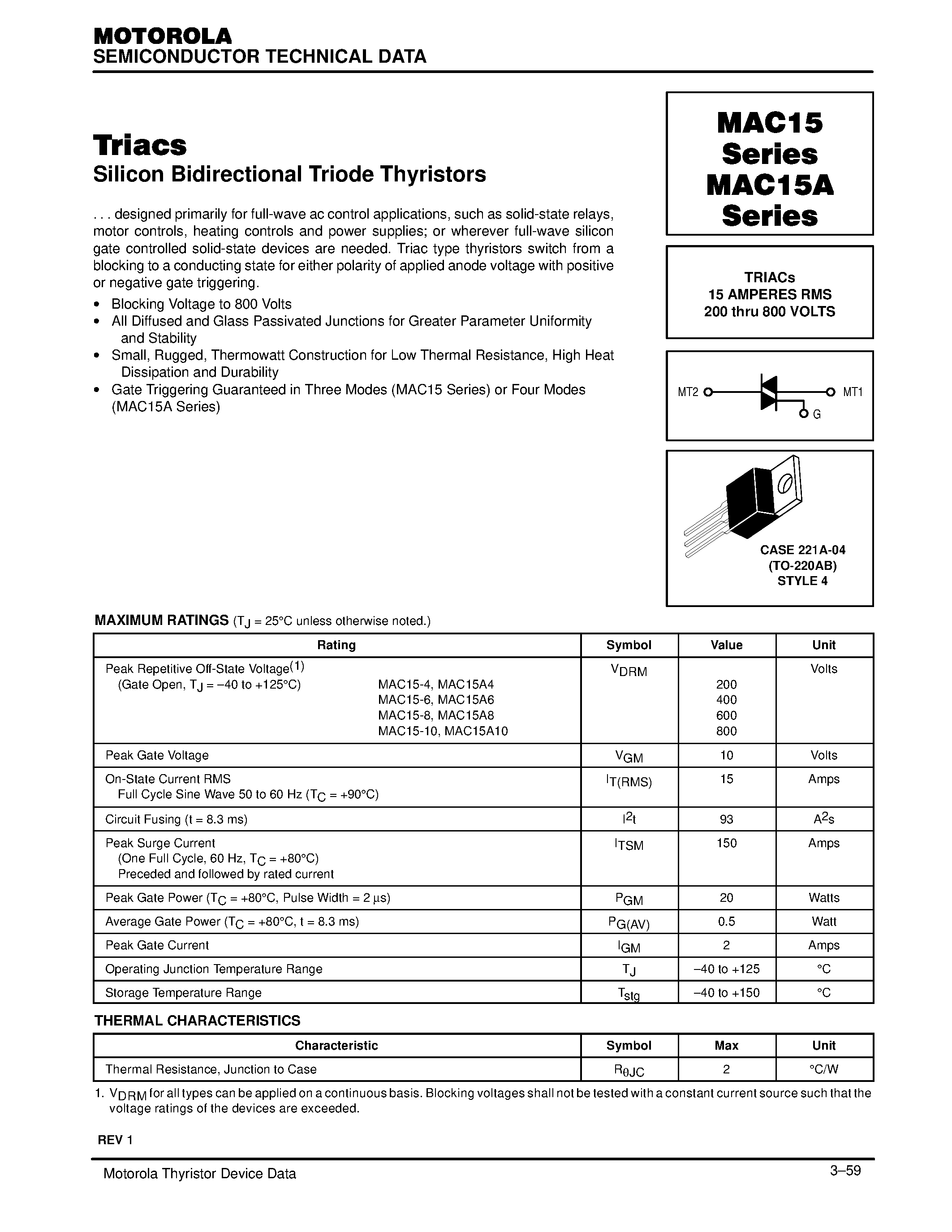 Даташит MAC15-6 - TRIACs 15 AMPERES RMS 200 thru 800 VOLTS страница 1