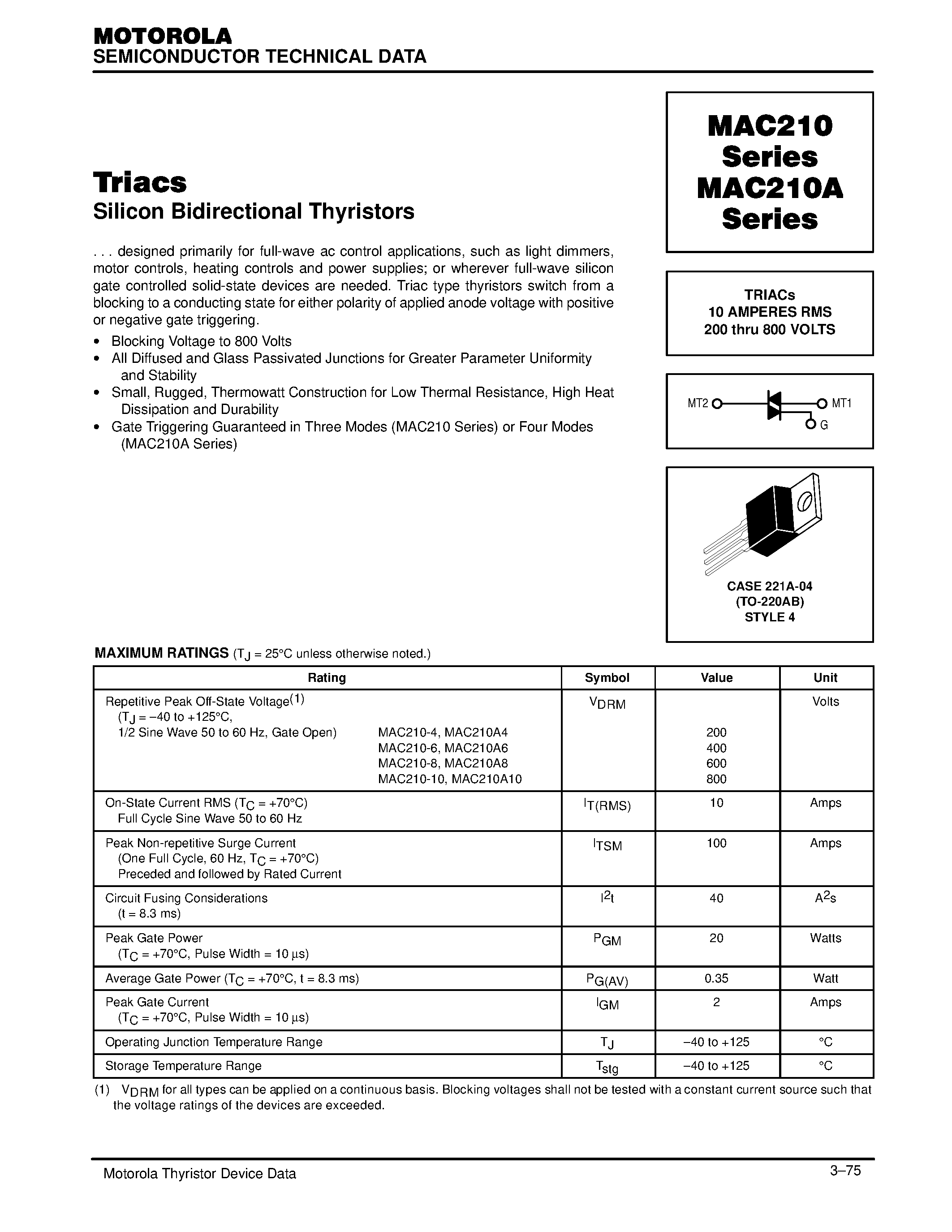 Даташит MAC210-6 - TRIACs 10 AMPERES RMS 200 thru 800 VOLTS страница 1