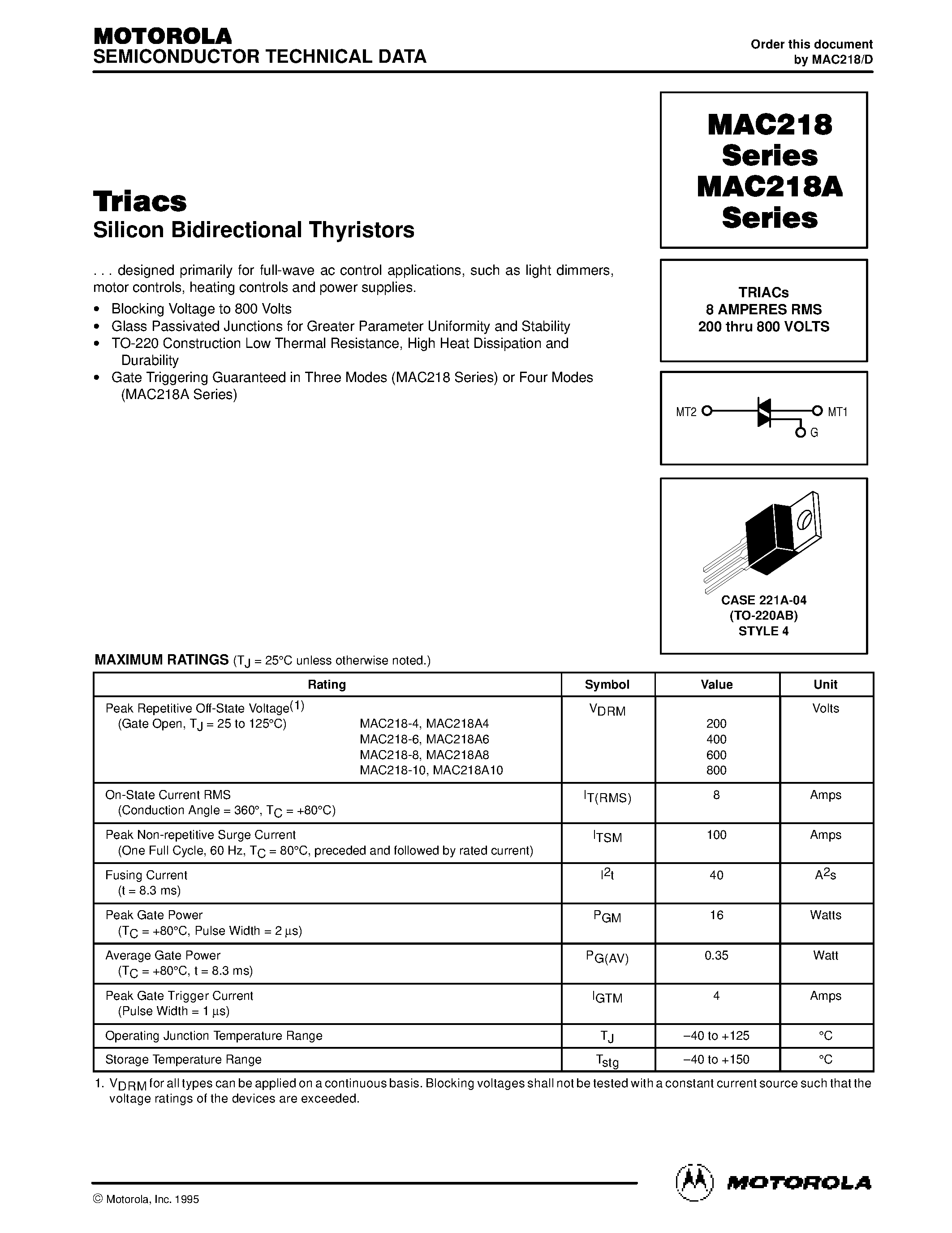 Даташит MAC218-6 - TRIACs 8 AMPERES RMS 200 thru 800 VOLTS страница 1