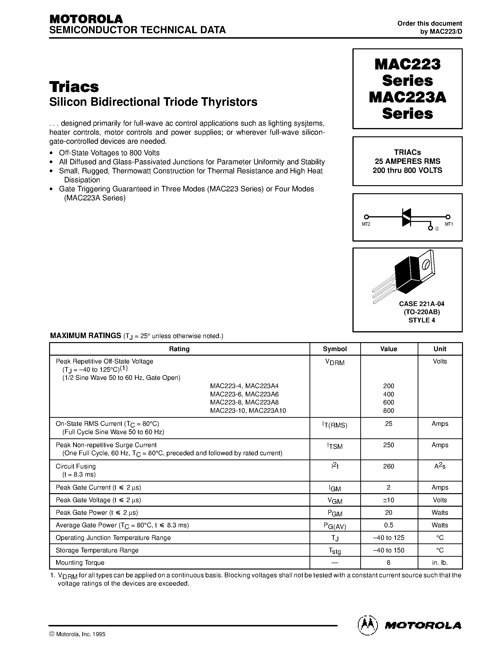 Даташит MAC223-6 - TRIACs 25 AMPERES RMS 200 thru 800 VOLTS страница 1